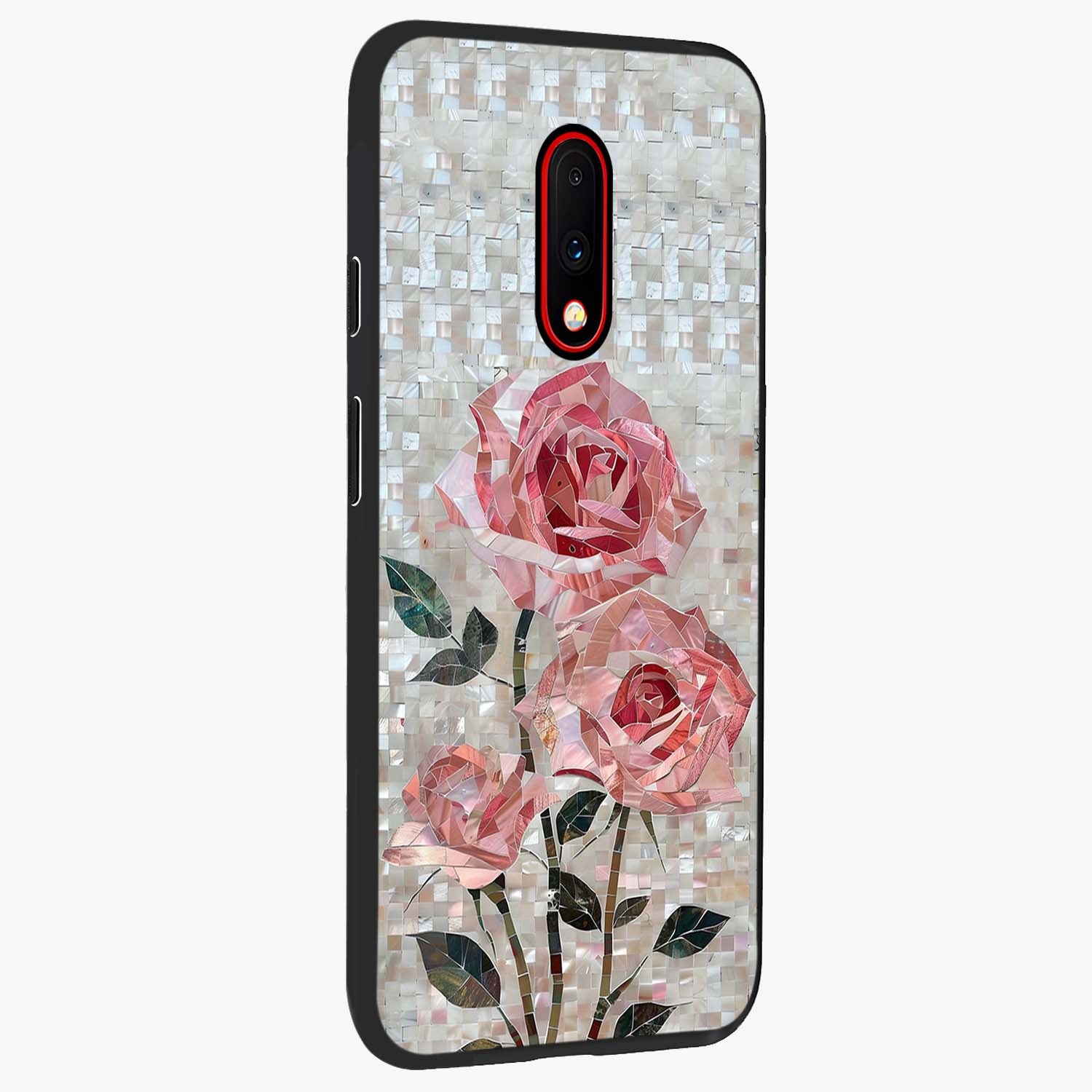 Blush Mosaic Bloom Glass Case upright view showcasing decorative floral mosaic artwork with stylish modern aesthetic.