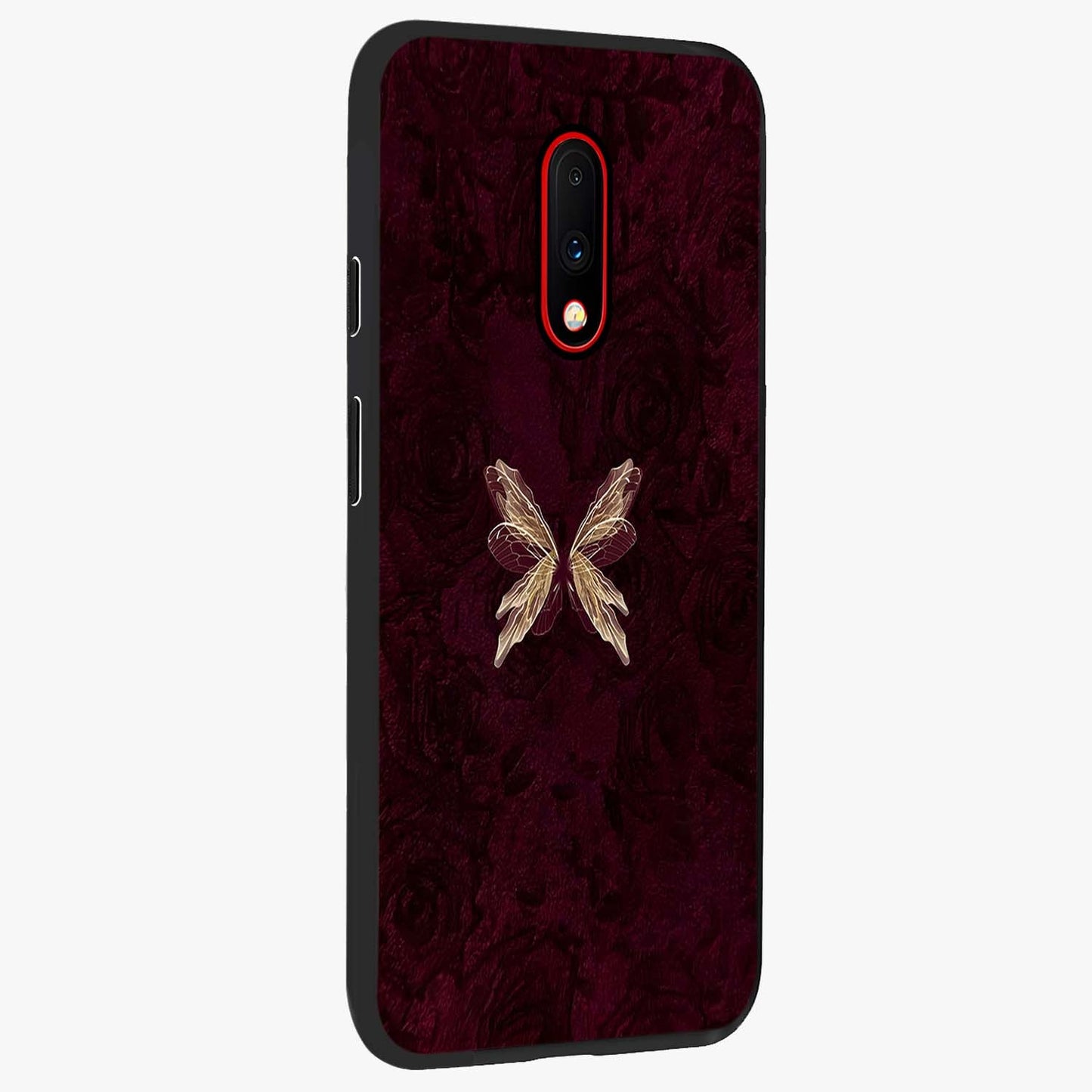 Crimson Fade Butterfly Glass Case upright view showcasing graceful butterfly artwork with soft crimson fade effect.