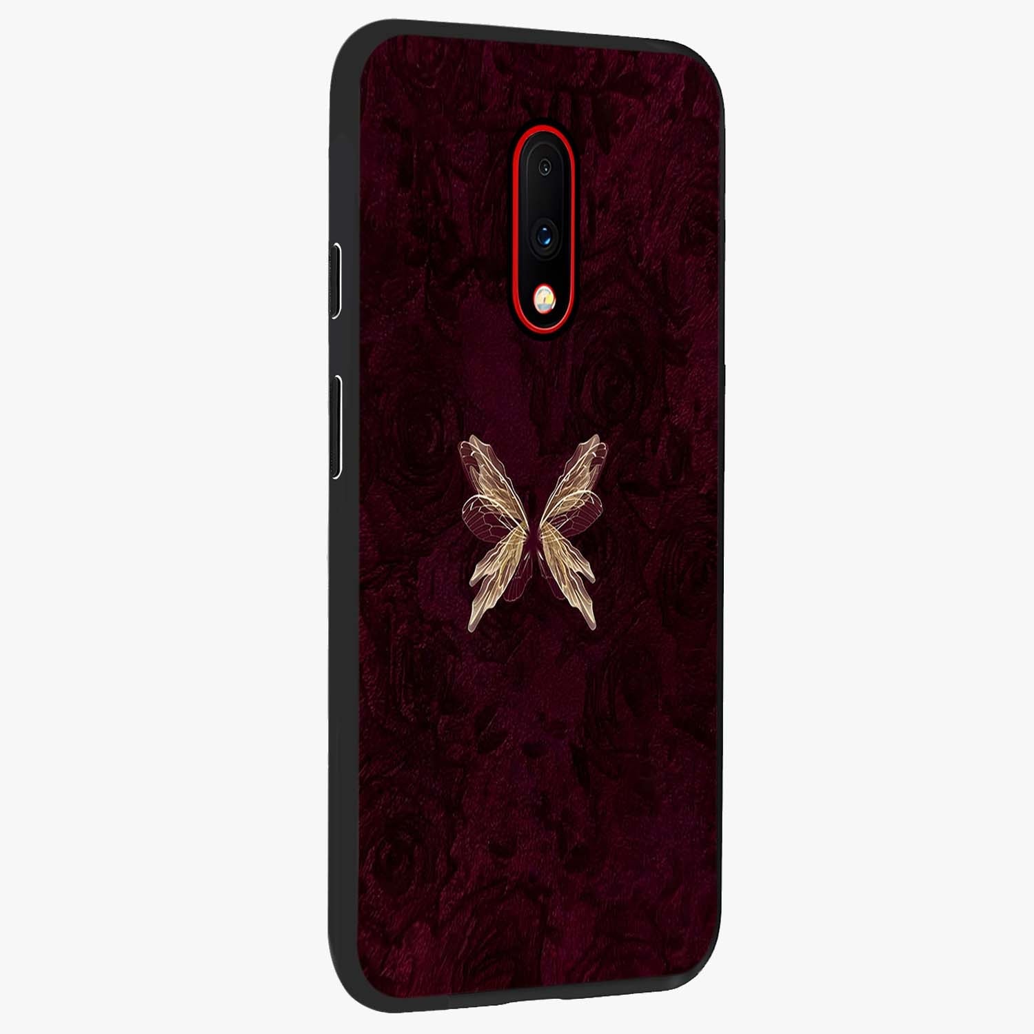 Crimson Fade Butterfly Glass Case upright view showcasing graceful butterfly artwork with soft crimson fade effect.