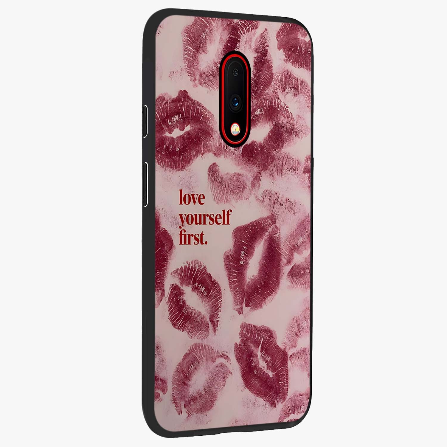 Crimson Kiss Love Glass Case upright view showcasing expressive romantic artwork with deep crimson theme.