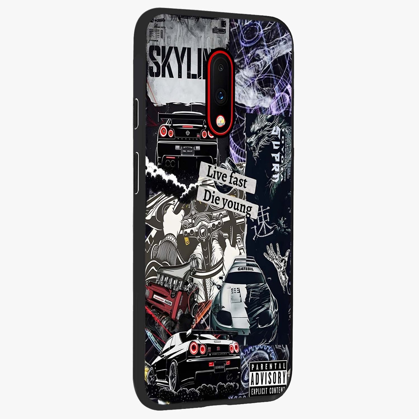 Die Young Glass Case upright view showcasing striking typography artwork with modern statement theme.
