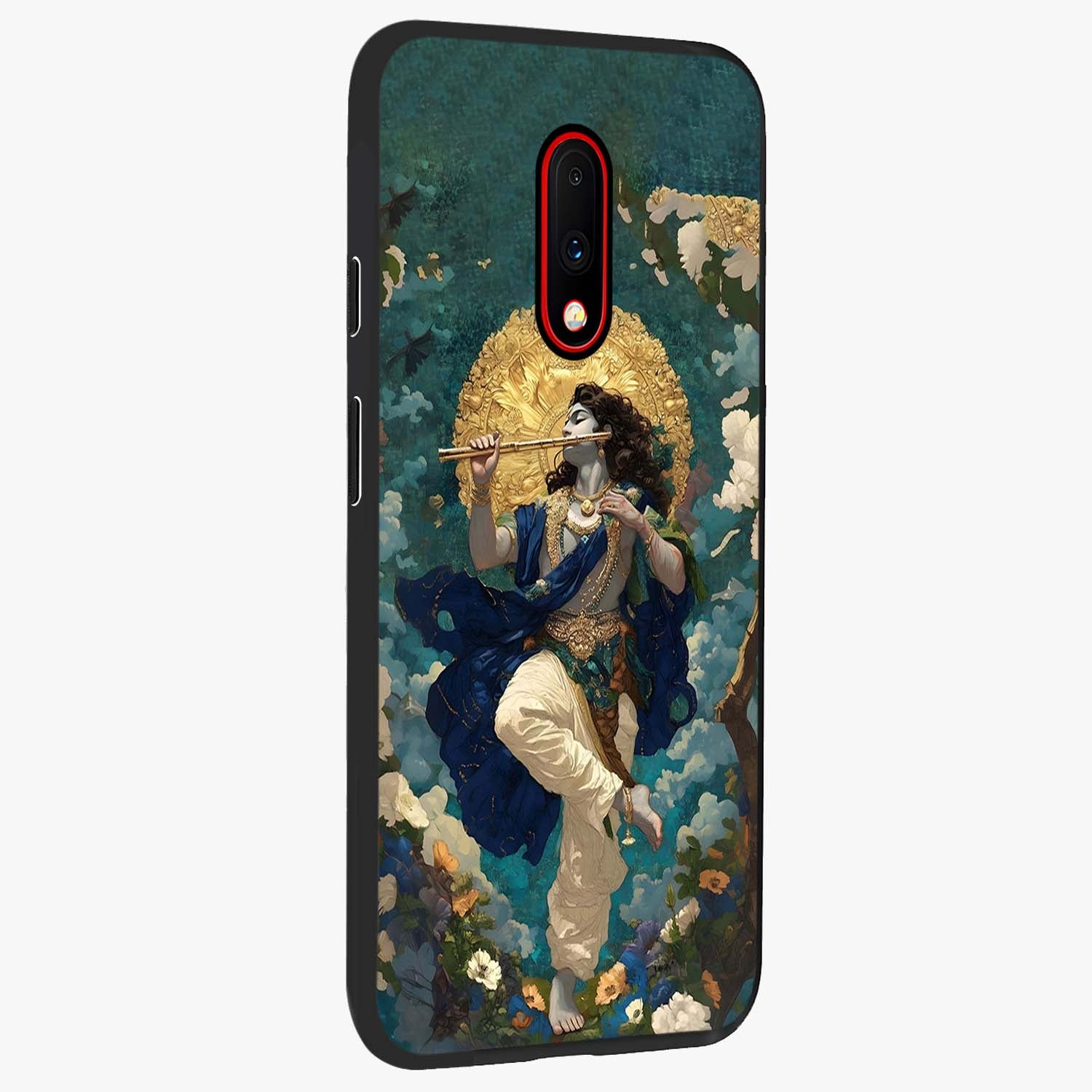 Divine Krishna Art Glass Case upright view showcasing divine Krishna artwork with sacred artistic theme.