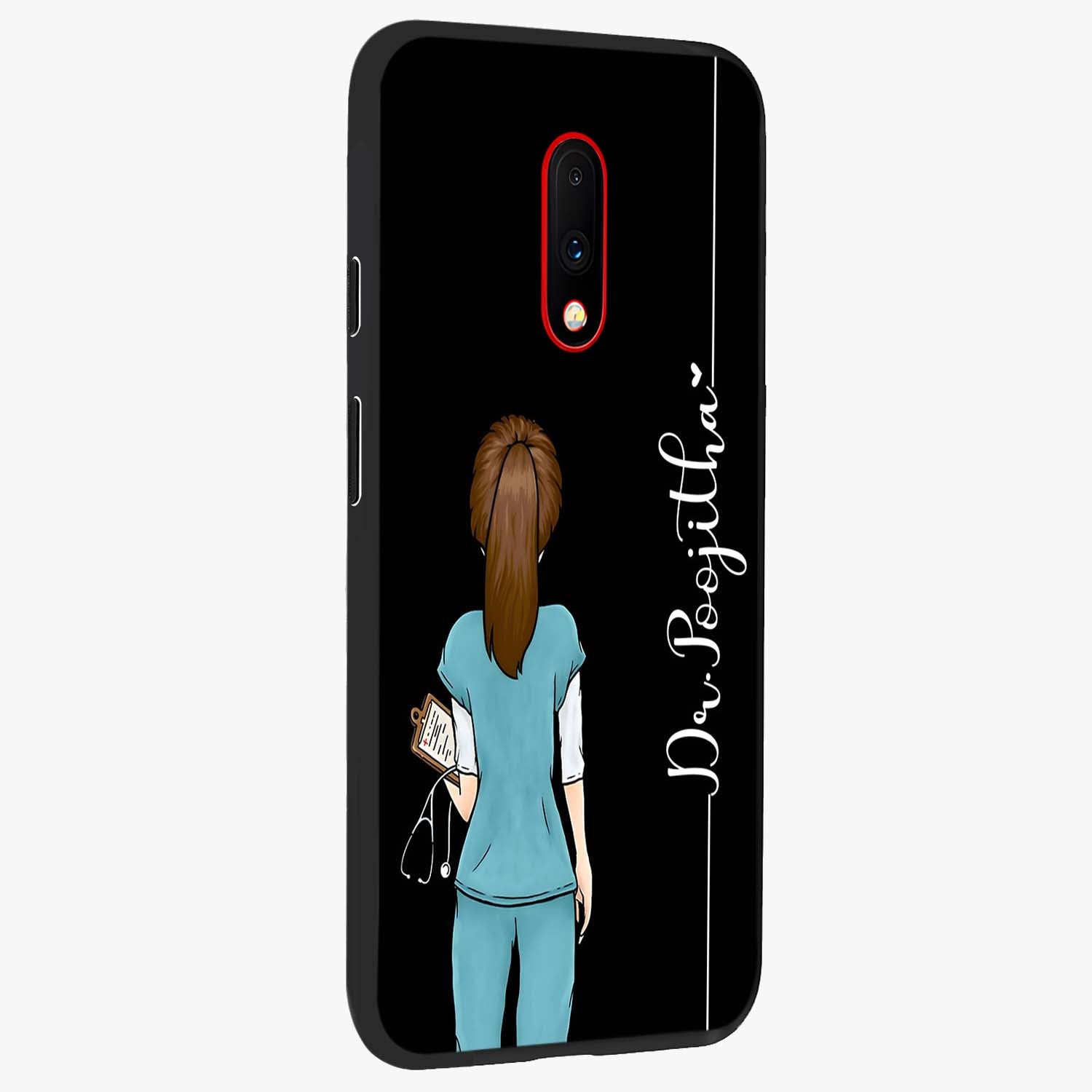 Doctor Pattern Custom Name Glass Case upright view showcasing healthcare themed design with personalized aesthetic.