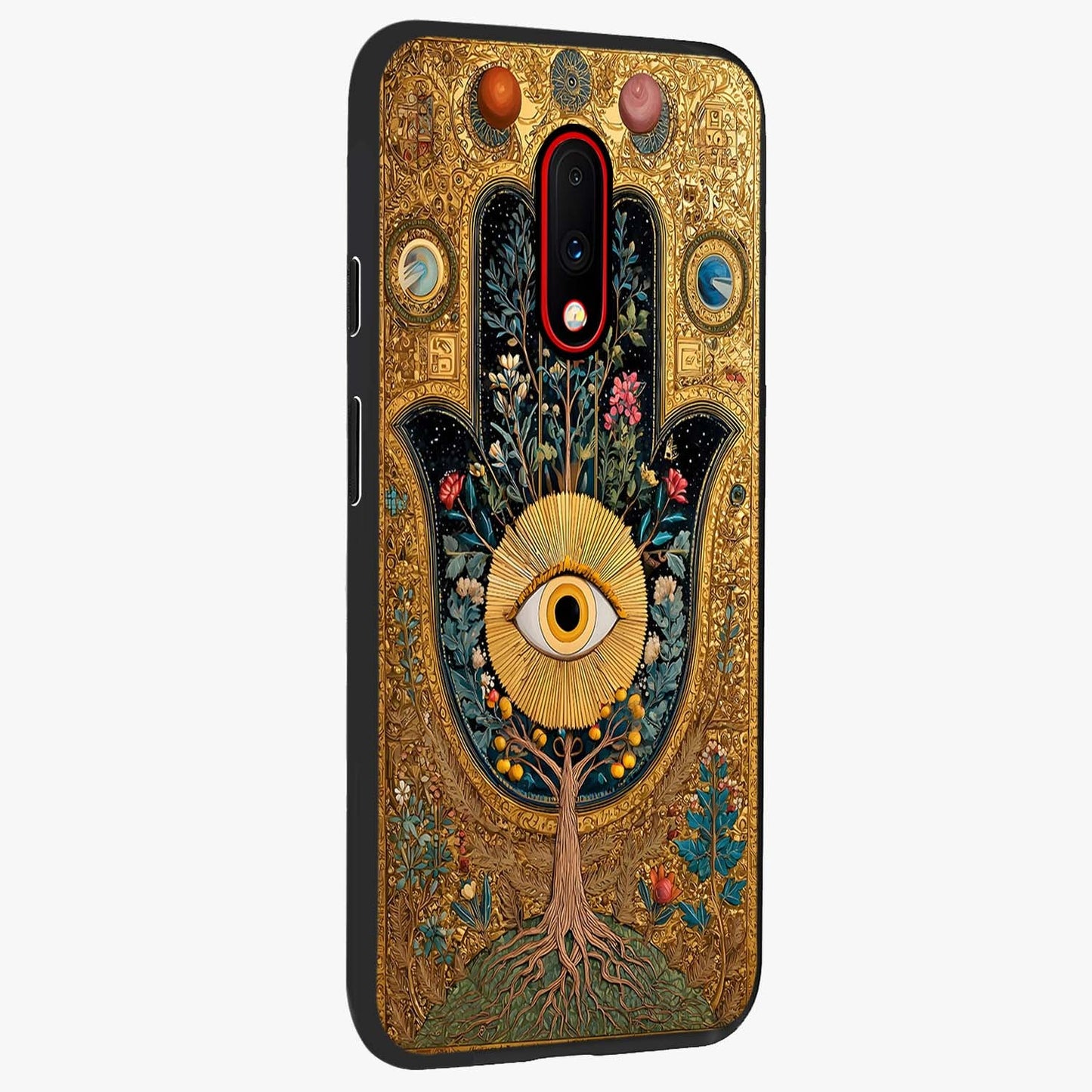 Ethereal Evil Eye Glass Case upright view showcasing celestial evil eye artwork with mystical theme.