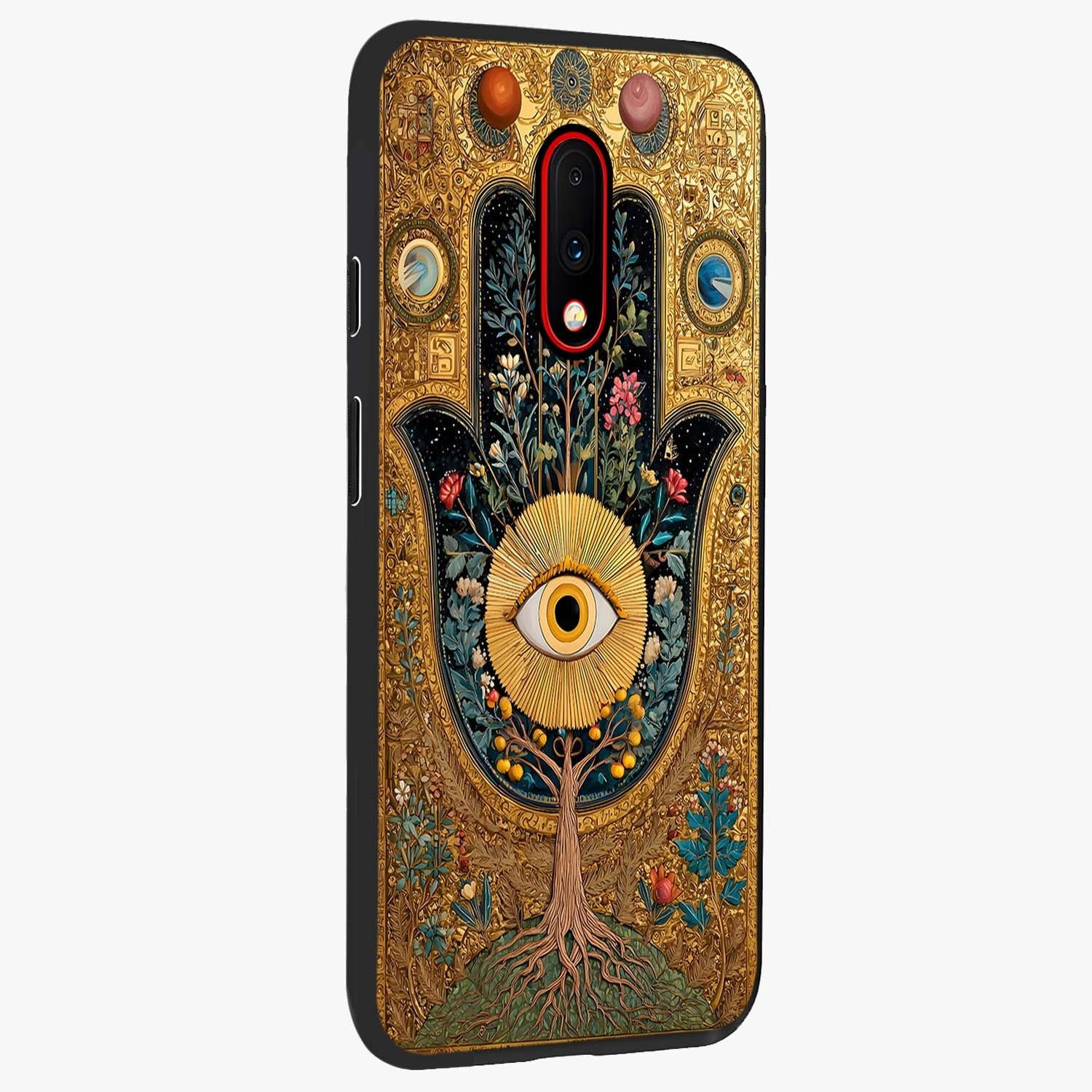 Ethereal Evil Eye Glass Case upright view showcasing celestial evil eye artwork with mystical theme.