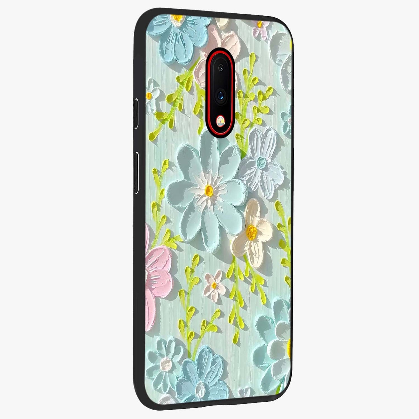 Frosted Petal Garden Glass Case upright view showcasing elegant floral garden artwork with soothing pastel theme.