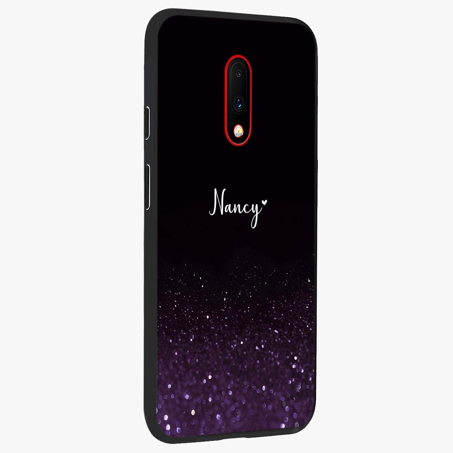 Glittery Purple Bokeh Custom Name Glass Case upright view showcasing vibrant purple sparkle artwork with personalized aesthetic style.