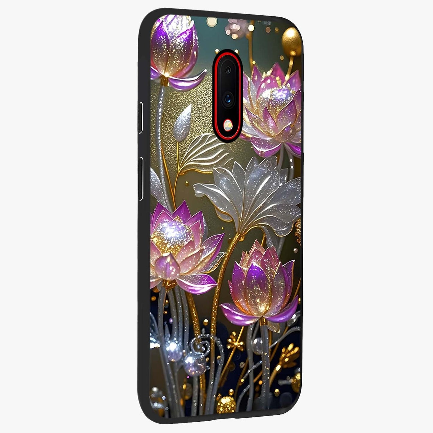 Golden Floral Majesty Glass Case upright view showcasing majestic floral artwork with rich decorative theme.