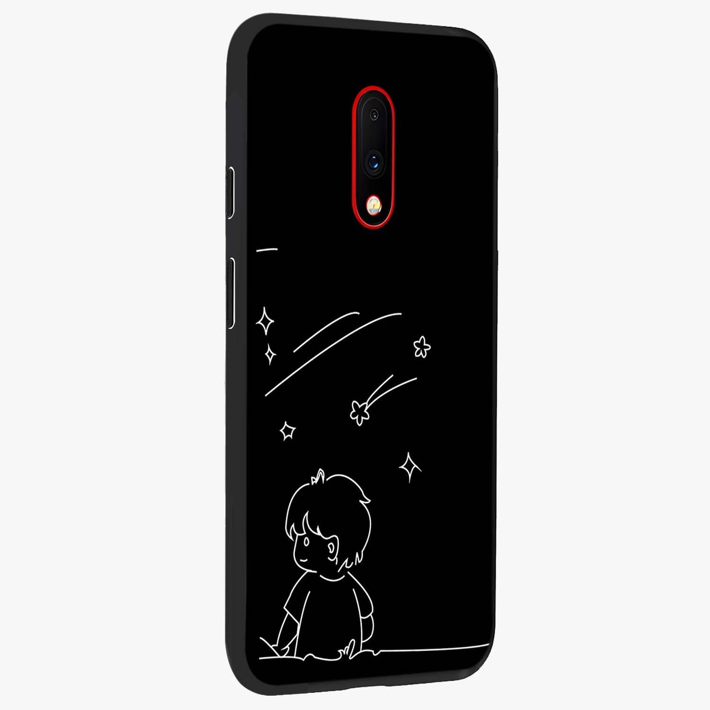 Line Art Boy With Shooting Stars Glass Case upright view showcasing artistic shooting star illustration with minimal style.