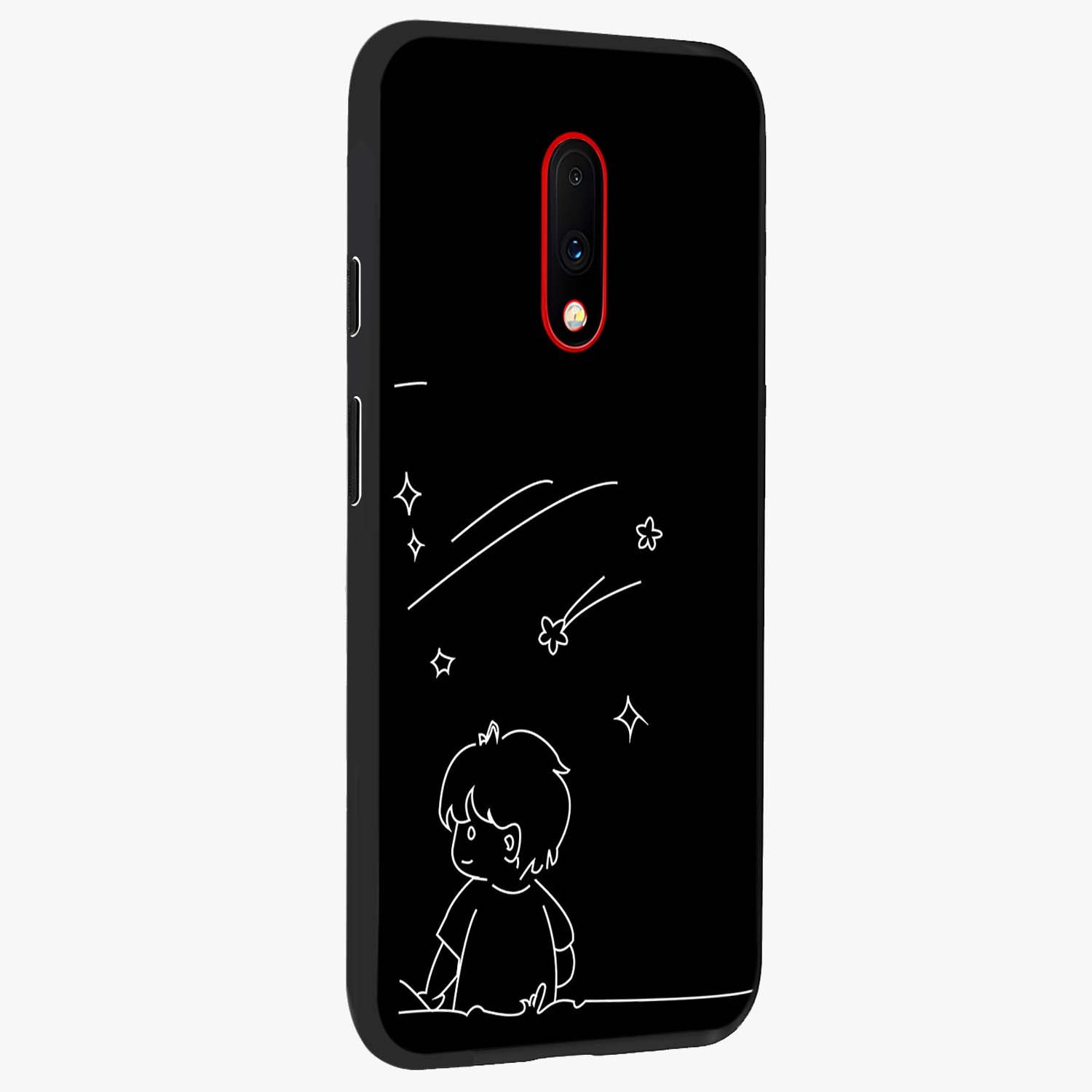 Line Art Boy With Shooting Stars Glass Case upright view showcasing artistic shooting star illustration with minimal style.