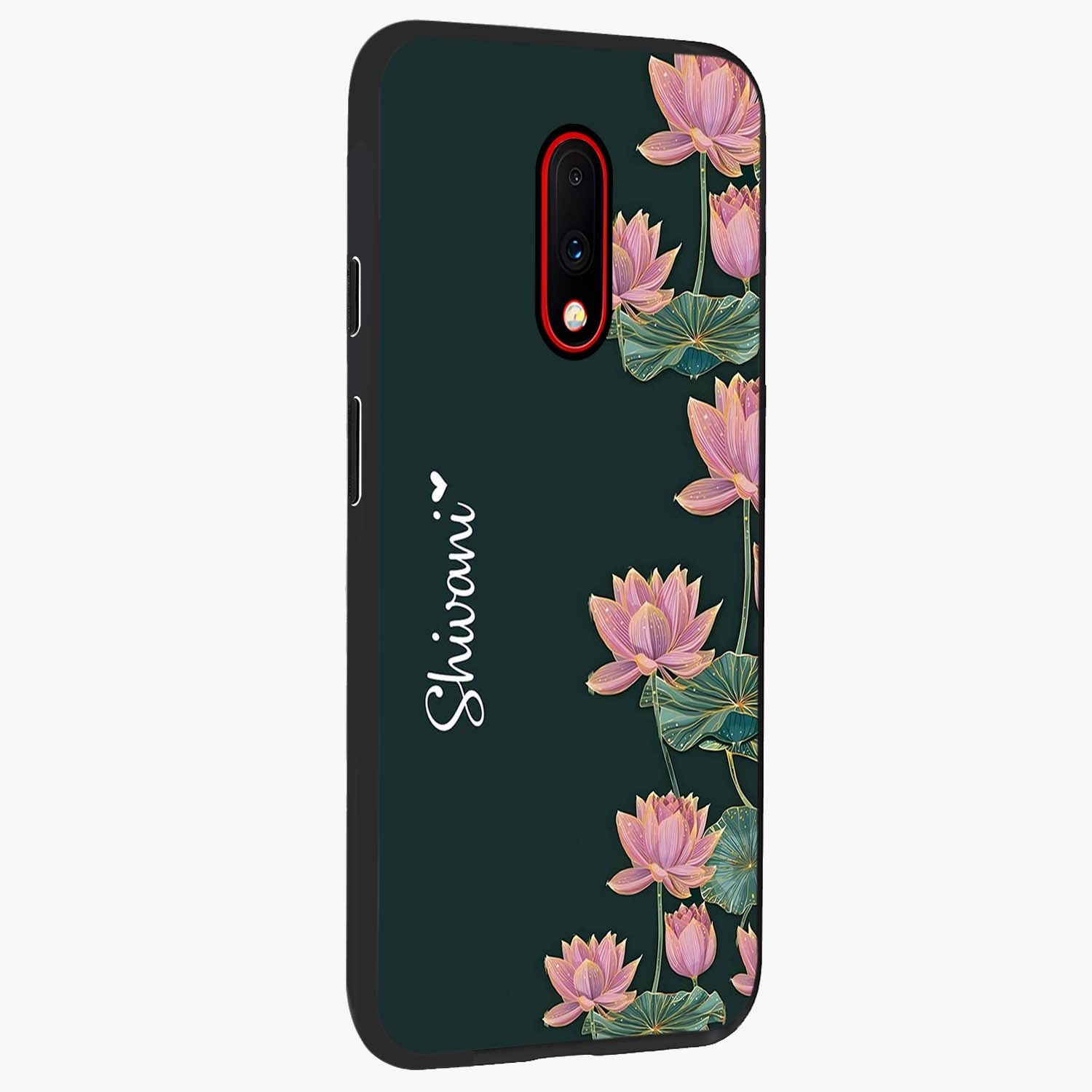 Lotus Bloom Serenity Custom Name Glass Case upright view showcasing serene lotus bloom artwork with personalized floral aesthetic.