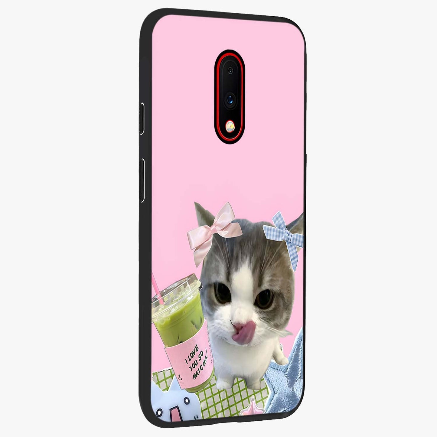 Love Matcha Cat Glass Case upright view showcasing adorable cat artwork with charming matcha themed design.