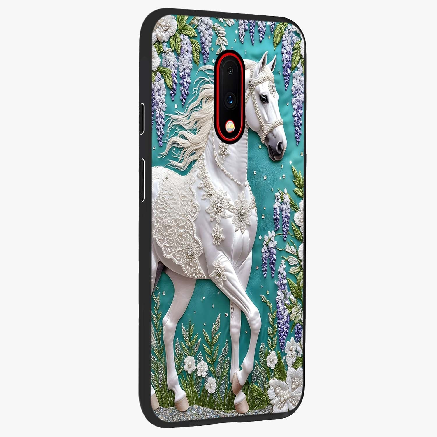 Majestic Floral Stallion Glass Case upright view showcasing dramatic horse artwork with decorative floral theme.