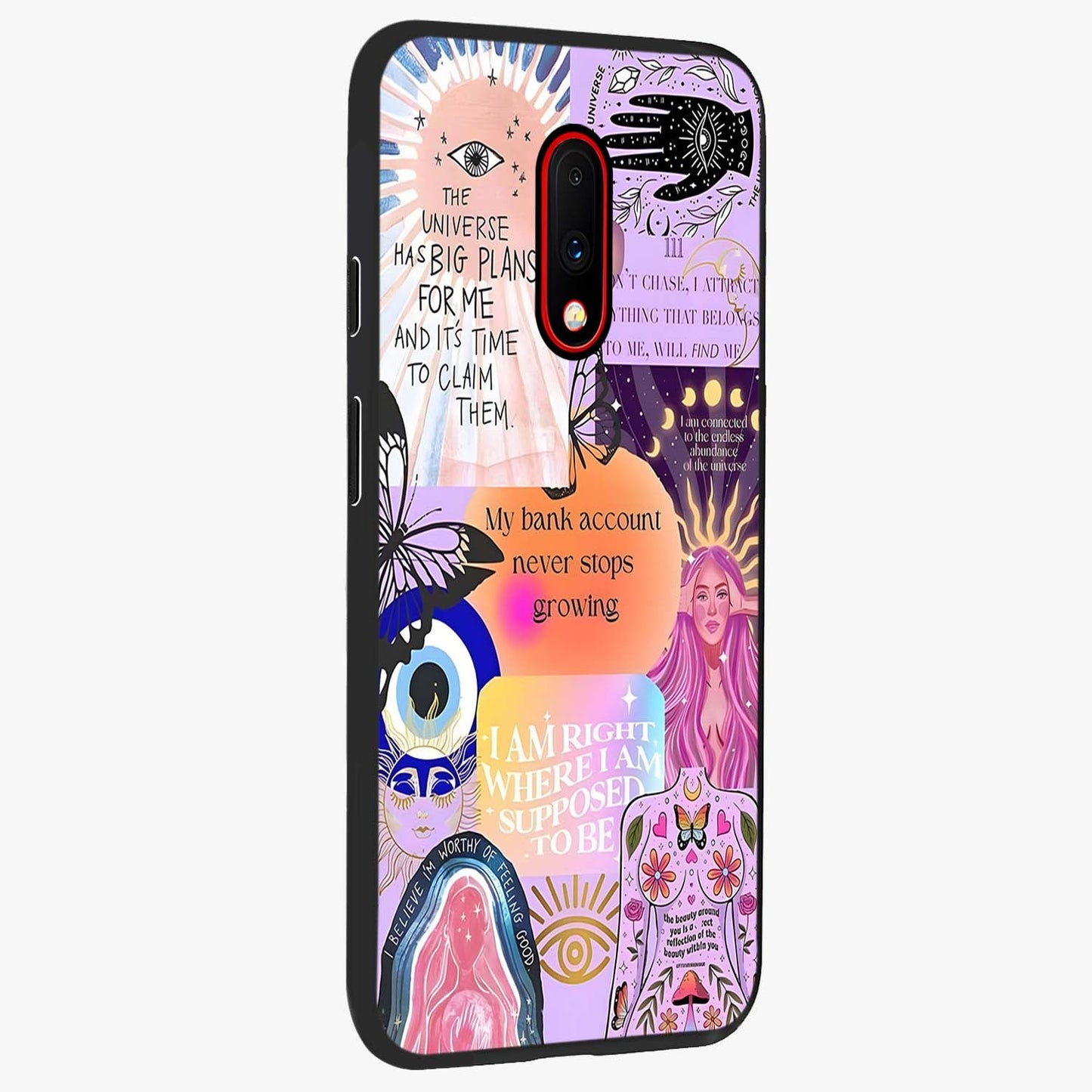 Manifestation Collage Glass Case upright view showcasing artistic manifestation themed artwork with creative style.