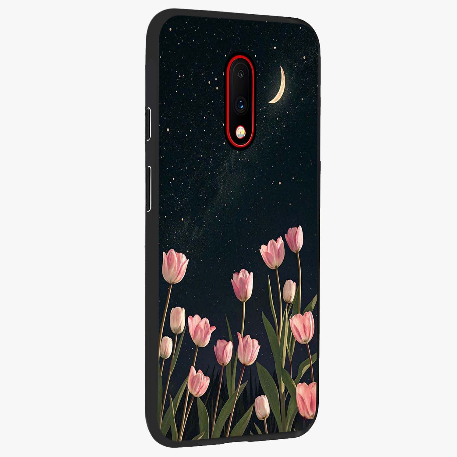 Midnight Tulip Whispers Vibe Glass Case upright view showcasing graceful tulip artwork with calm botanical theme.