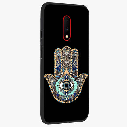 Mystic Hamsa Eye Glass Case upright view showcasing detailed hamsa eye artwork with protective spiritual theme.
