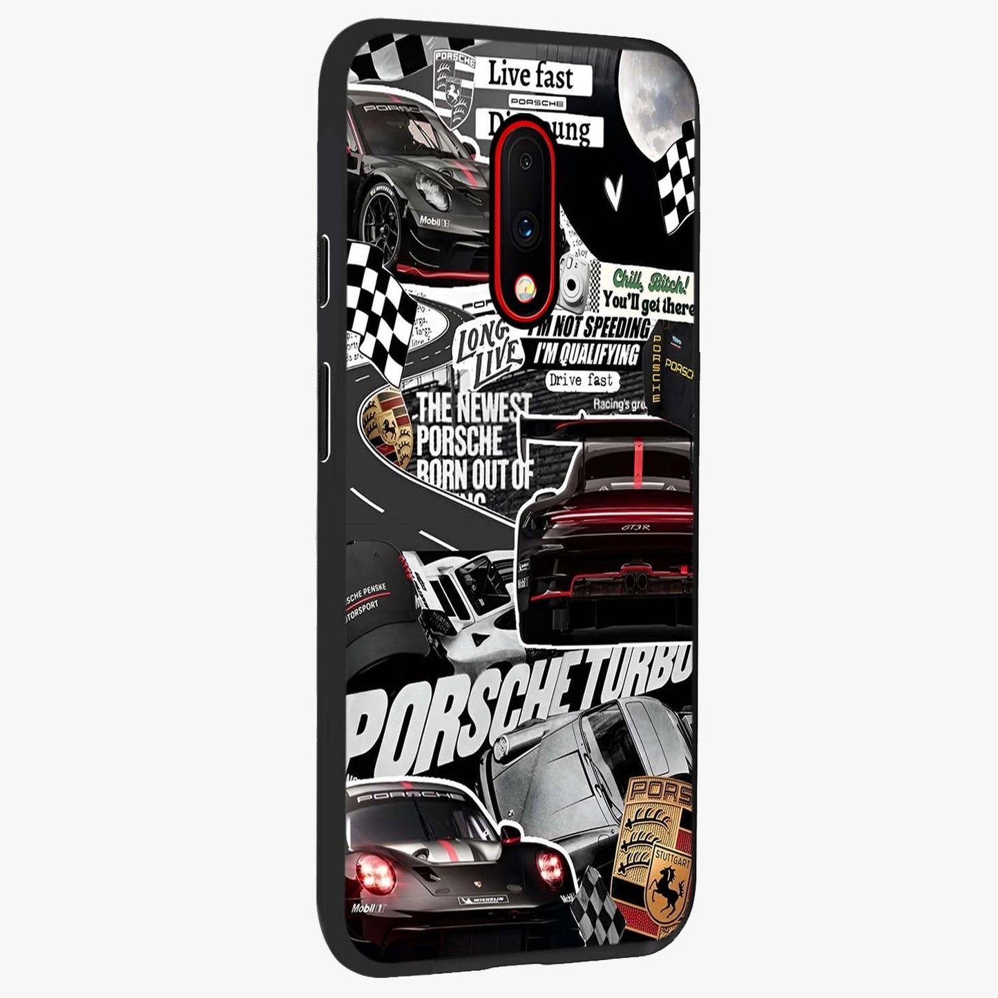 Porsche Racing Collage Glass Case upright view showcasing energetic car collage artwork with high speed racing theme.
