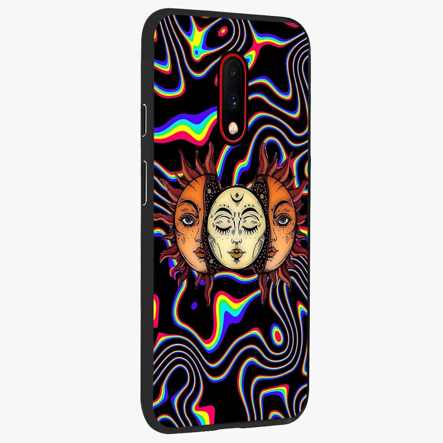 Psychedelic Sun Glass Case upright view showcasing trippy sun artwork with bold psychedelic theme.