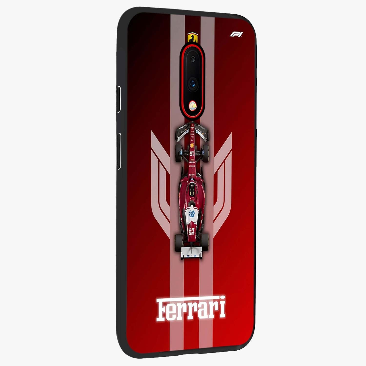 Red Ferrari F1 Vertical Glass Case upright view showcasing powerful Formula car artwork with dynamic motorsport theme.