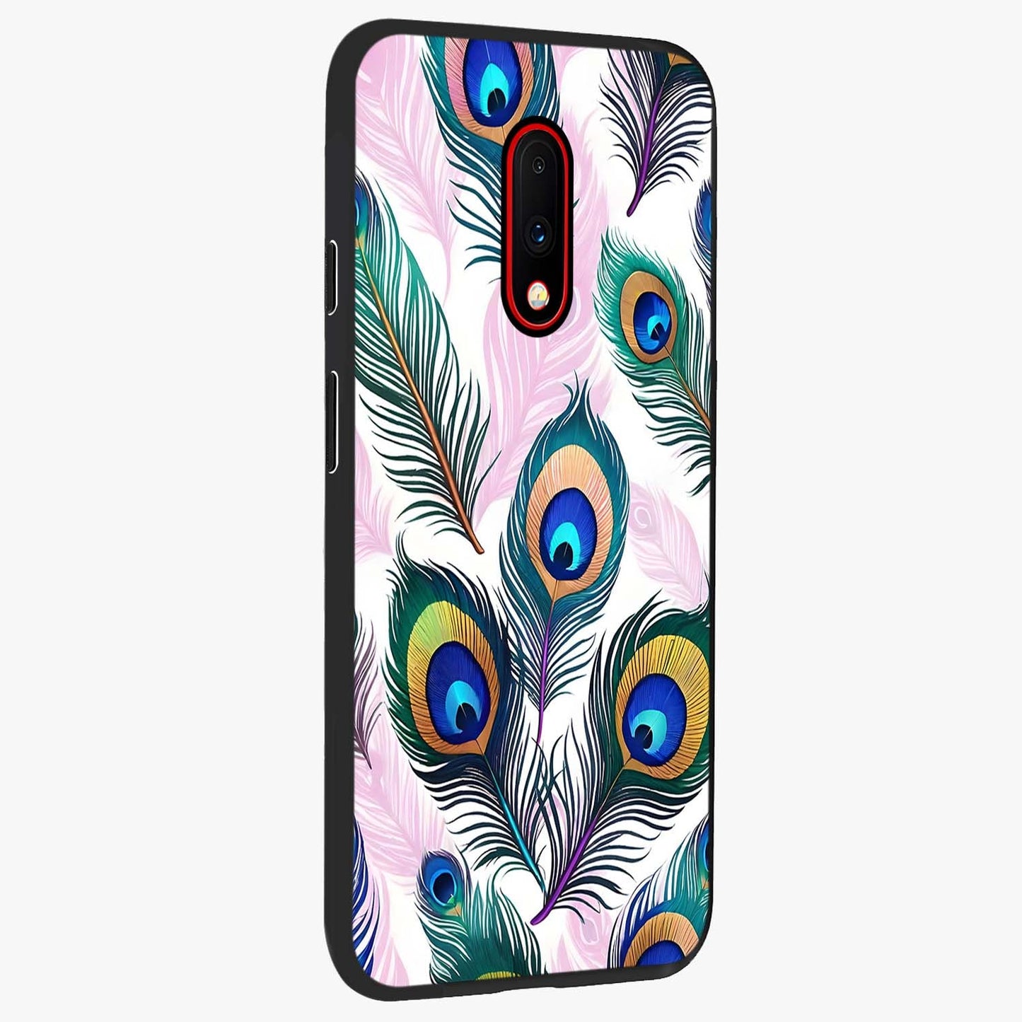 Royal Peacock Feathers Glass Case upright view showcasing elegant peacock feather artwork with decorative royal theme.