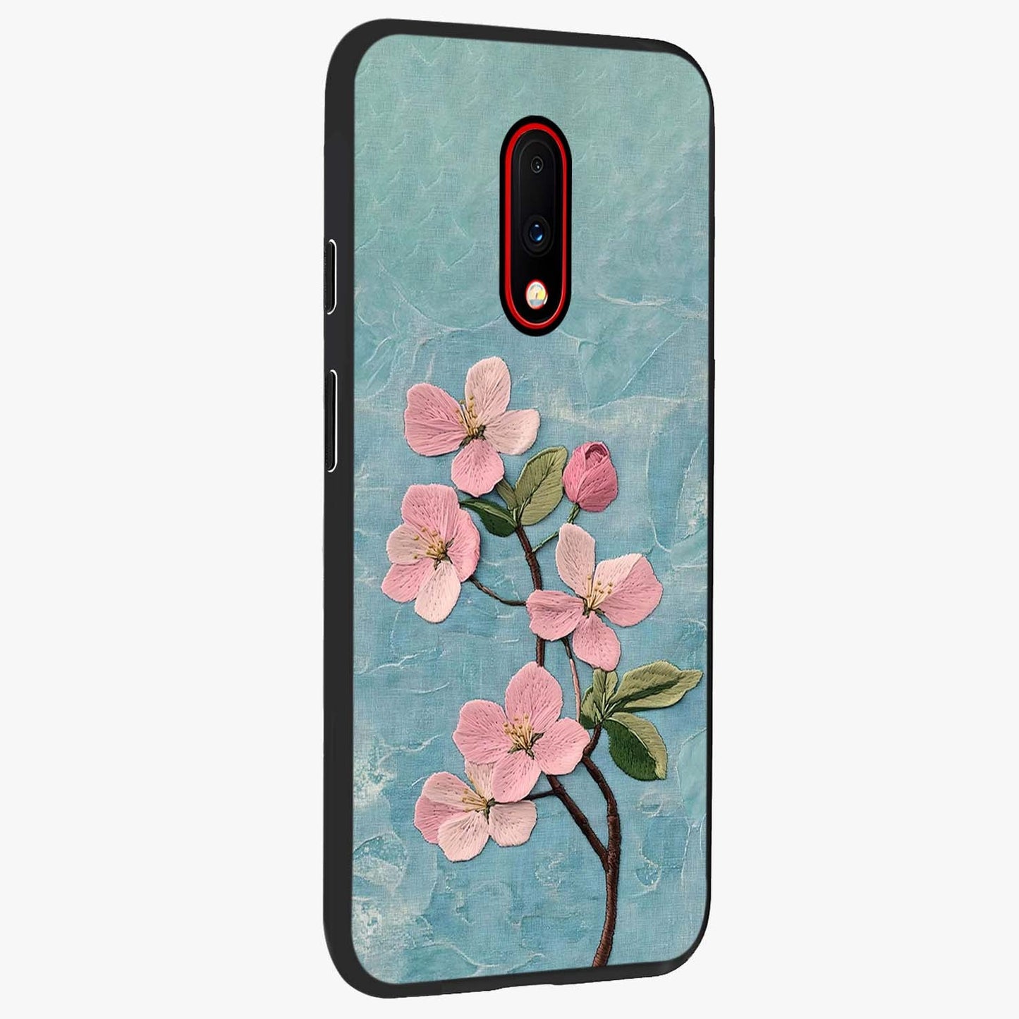 Threaded Blossom Breeze Glass Case upright view showcasing graceful flower artwork with calm botanical theme.