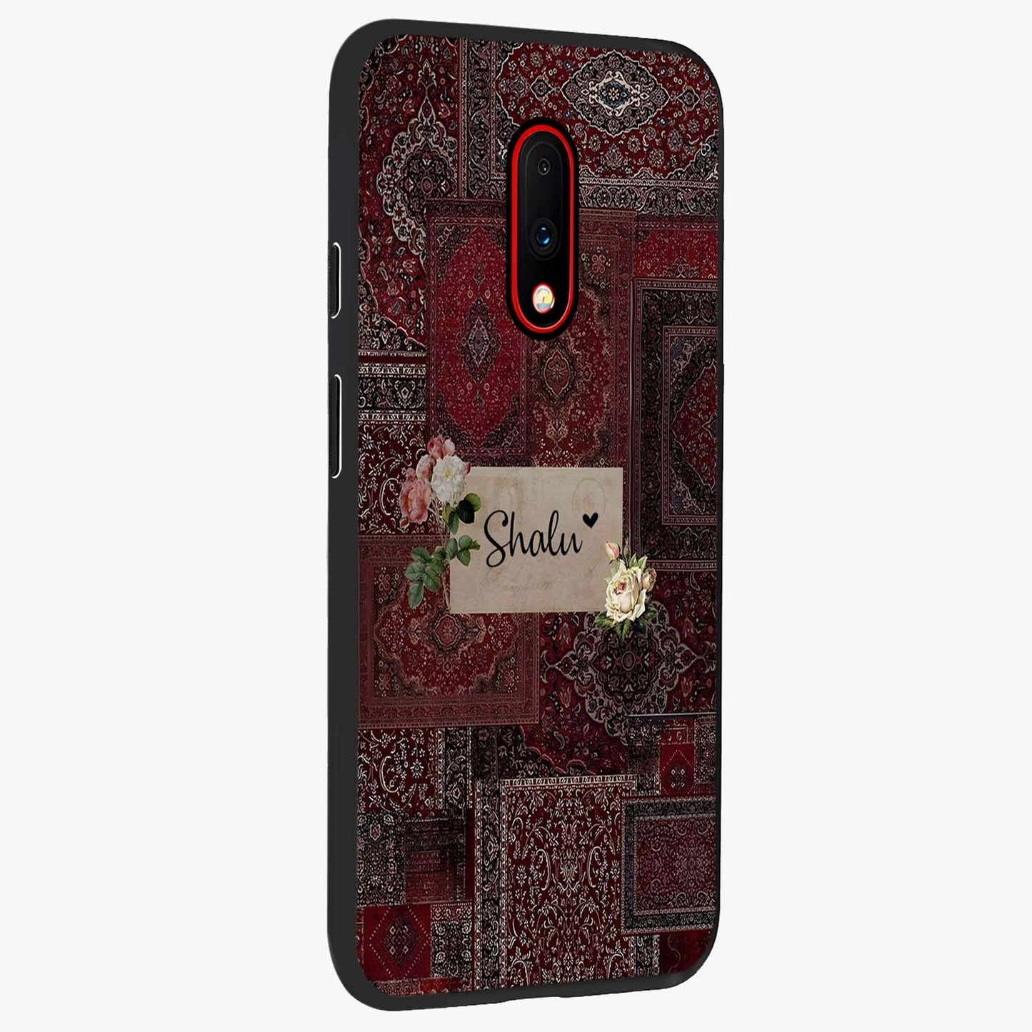 Velvet Wine Pattern Custom Name Glass Case upright view showcasing luxurious wine toned artwork with personalized aesthetic.