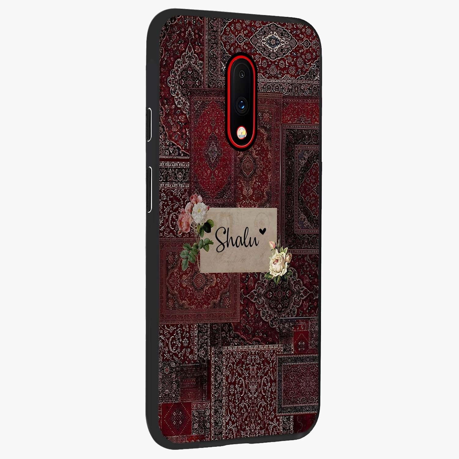 Velvet Wine Pattern Custom Name Glass Case upright view showcasing luxurious wine toned artwork with personalized aesthetic.