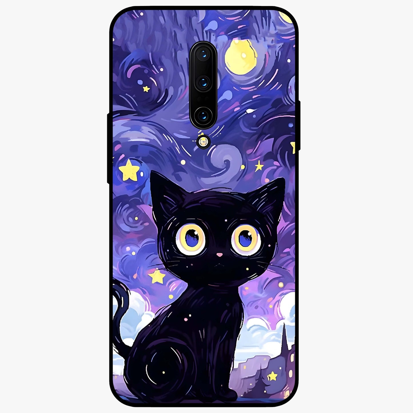Abstract Cat Art Glass Case showing flat back view with artistic cat illustration and glossy glass finish.