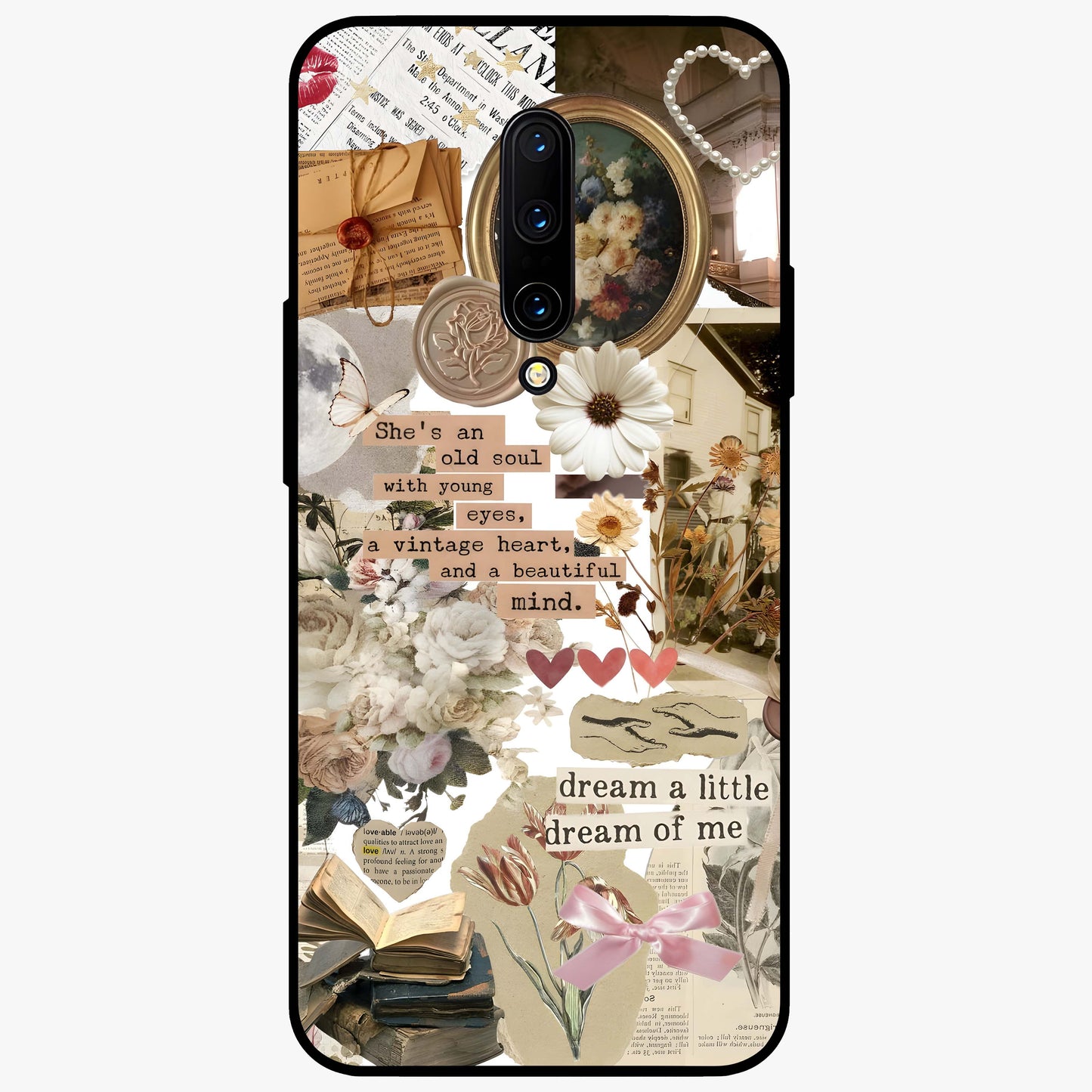 Aesthetic Brown Vintage Collage Glass Case showing flat back view with retro collage artwork and glossy glass finish.