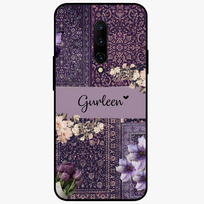 Antique Floral Whisper Custom Name Glass Case showing flat back view with vintage floral artwork and personalized name design.