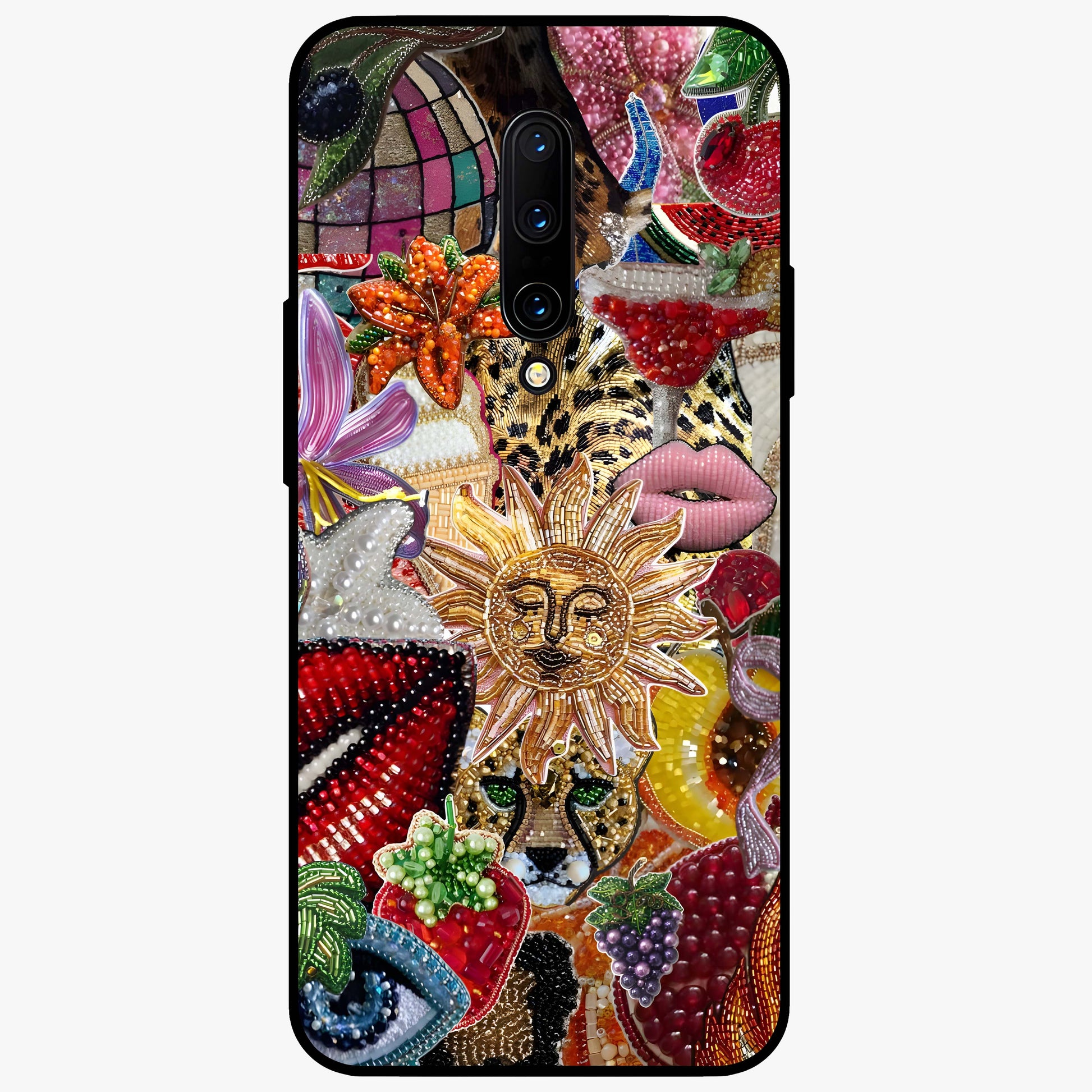 Beaded Fashion Jungle Glass Case showing flat back view with vibrant jungle inspired bead artwork and glossy glass finish.
