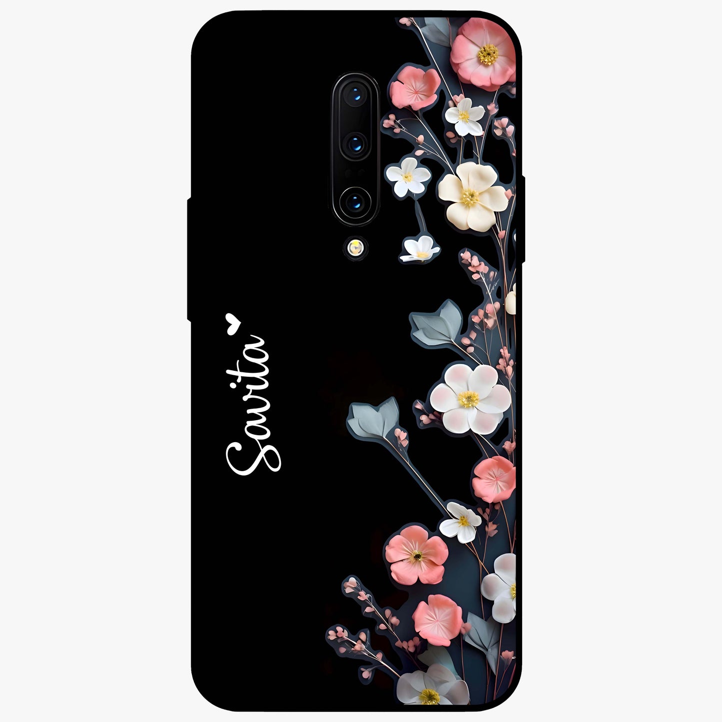 Black Elegance Floral Custom Name Glass Case showing flat back view with elegant floral artwork and personalized name design.