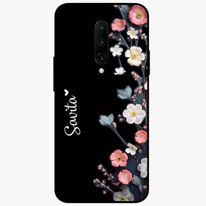 Black Elegance Floral Custom Name Glass Case showing flat back view with elegant floral artwork and personalized name design.