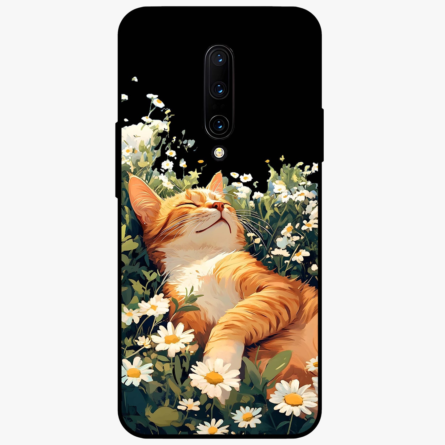 Blissful Bloom Cat Glass Case showing flat back view with cute cat and floral bloom artwork and glossy glass finish.