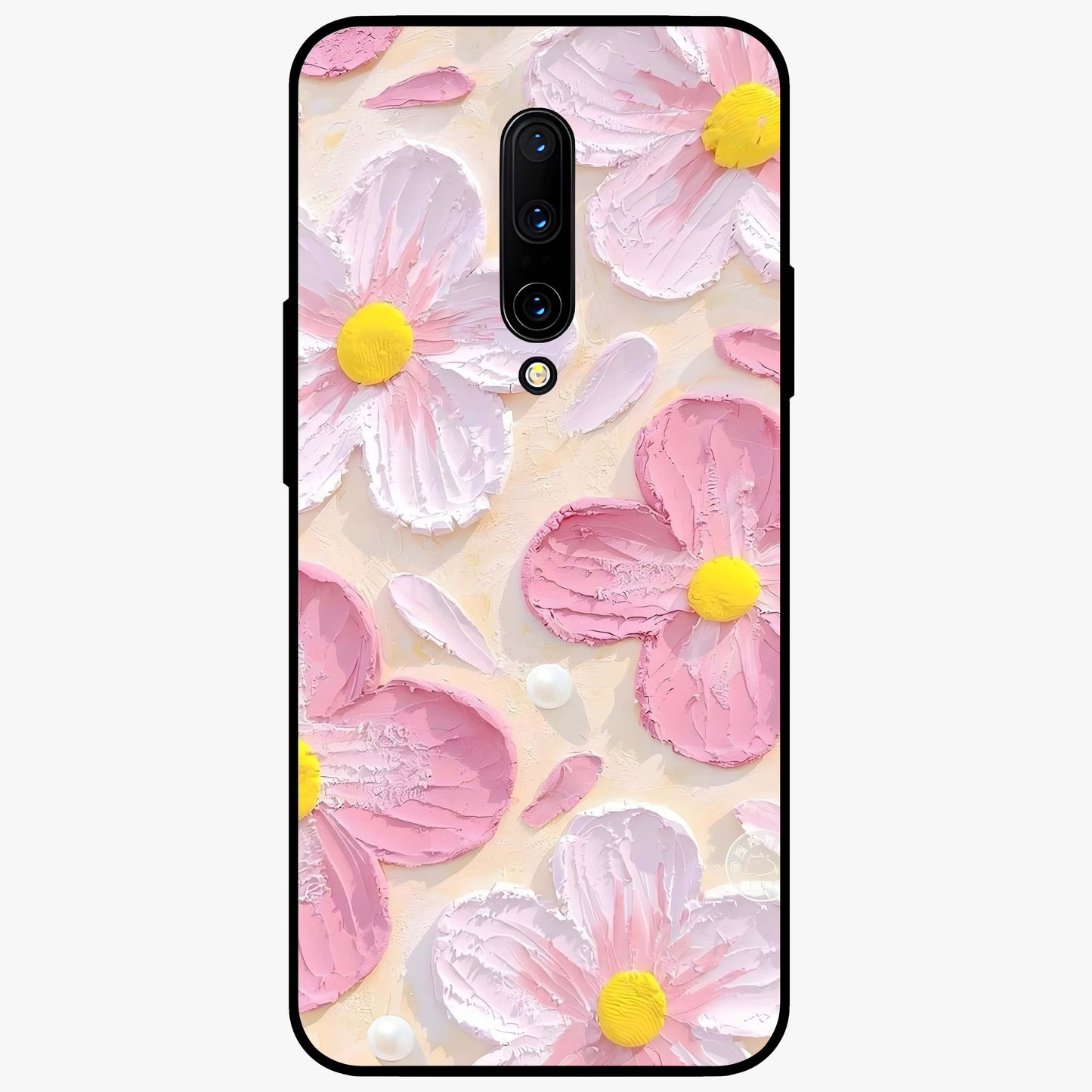 Blush Bloom Texture Glass Case showing flat back view with soft blush floral texture artwork and glossy glass finish.