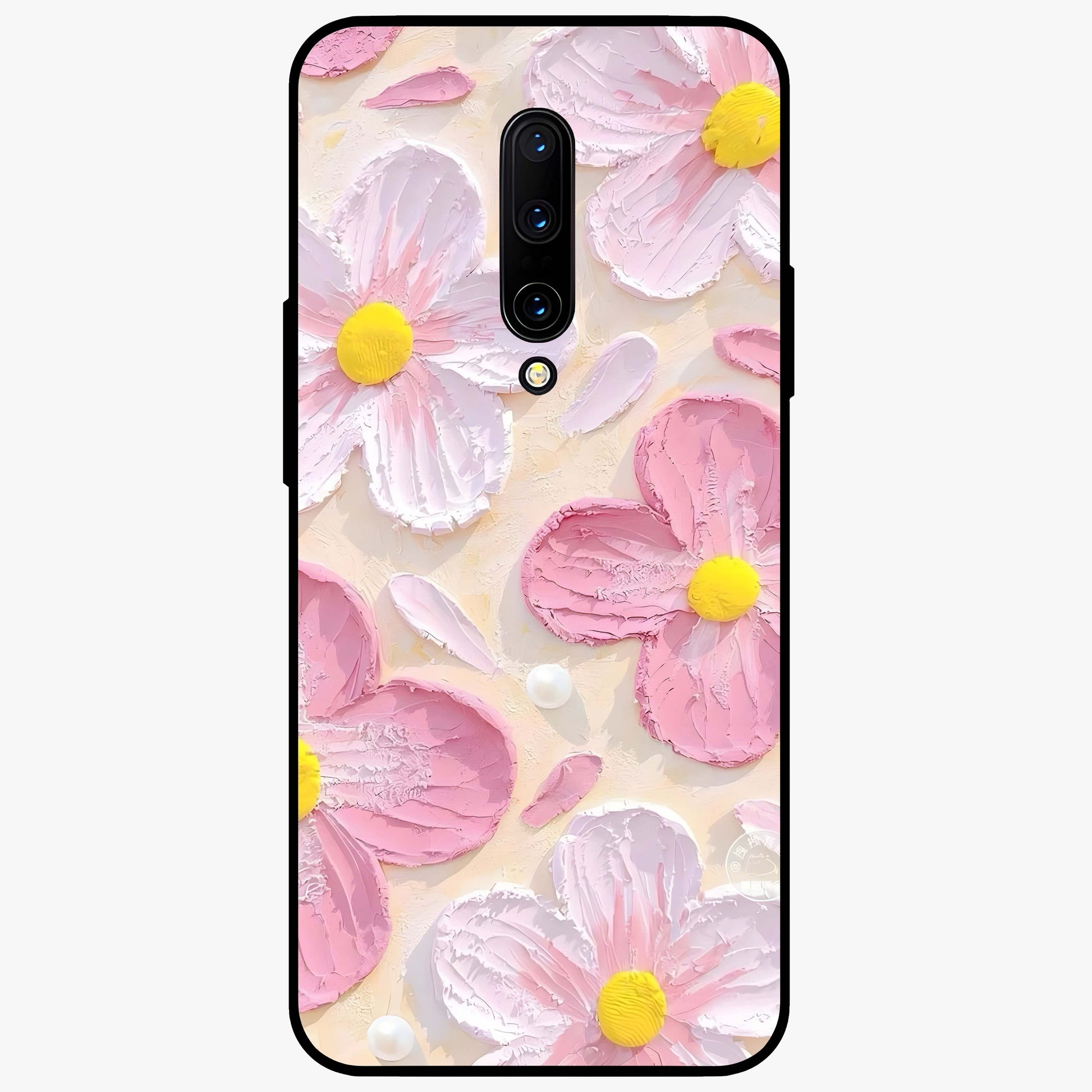 Blush Bloom Texture Glass Case showing flat back view with soft blush floral texture artwork and glossy glass finish.