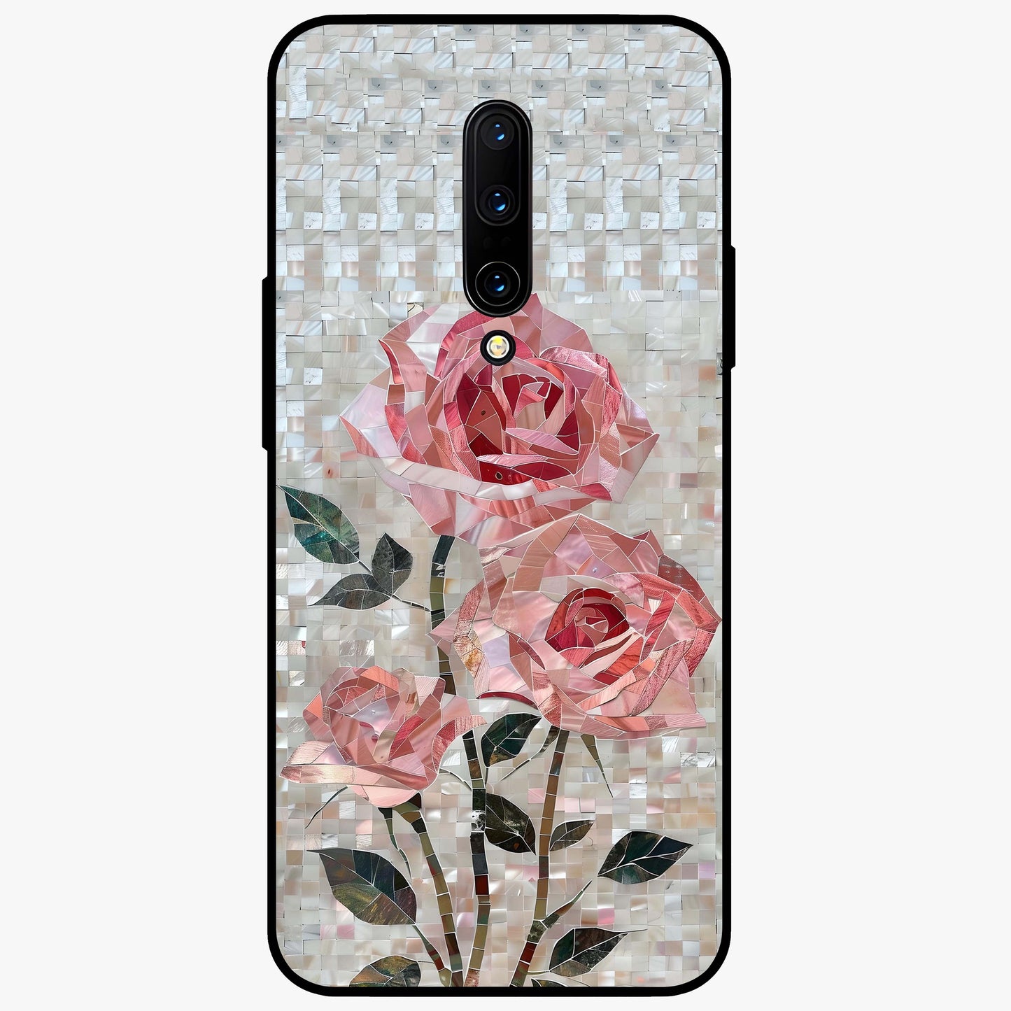 Blush Mosaic Bloom Glass Case showing flat back view with mosaic floral bloom artwork and glossy glass finish.