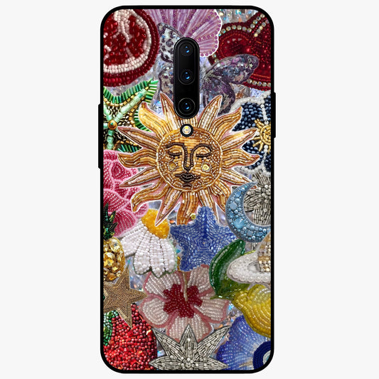 Celestial Floral and Playful Glass Case showing flat back view with floral and celestial themed artwork and glossy glass finish.