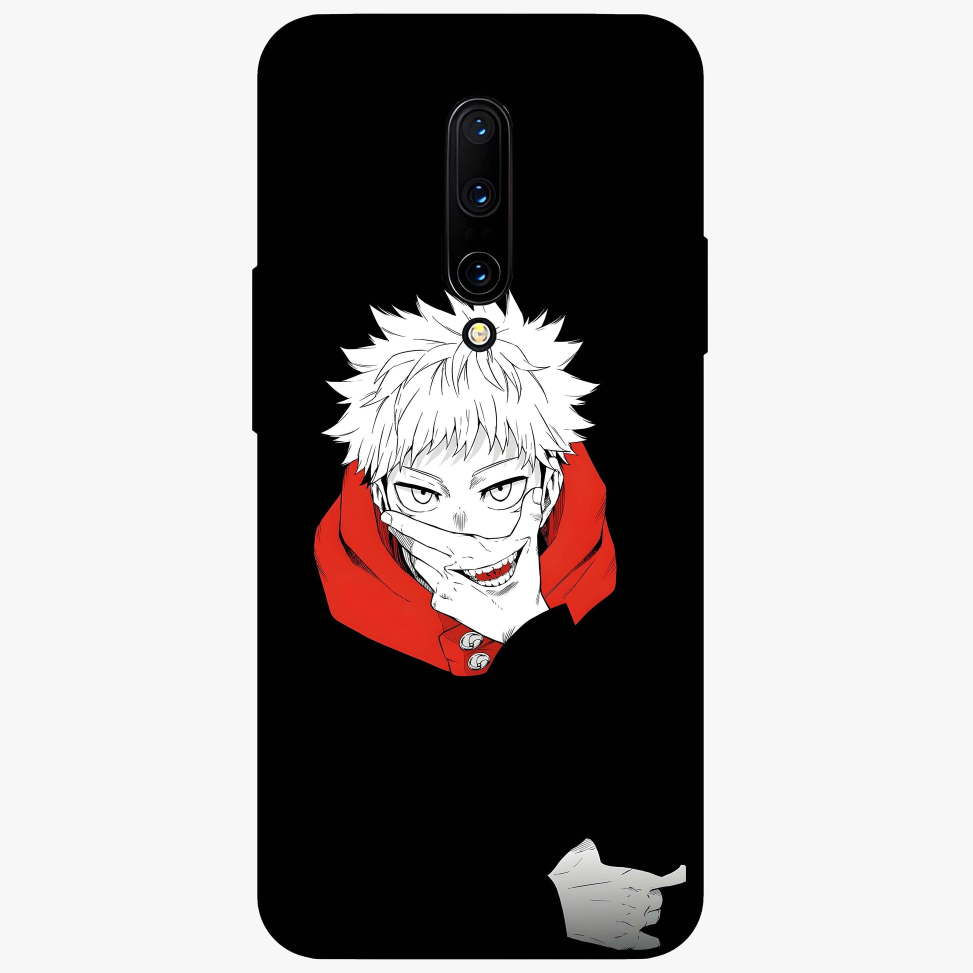 Crimson Chaos Smile Glass Case showing flat back view with bold chaotic smile artwork and glossy glass finish.