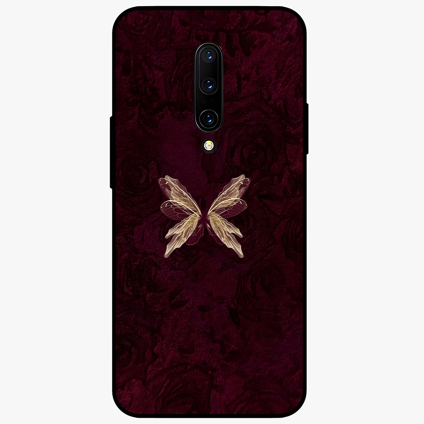 Crimson Fade Butterfly Glass Case showing flat back view with fading butterfly artwork and glossy glass finish.