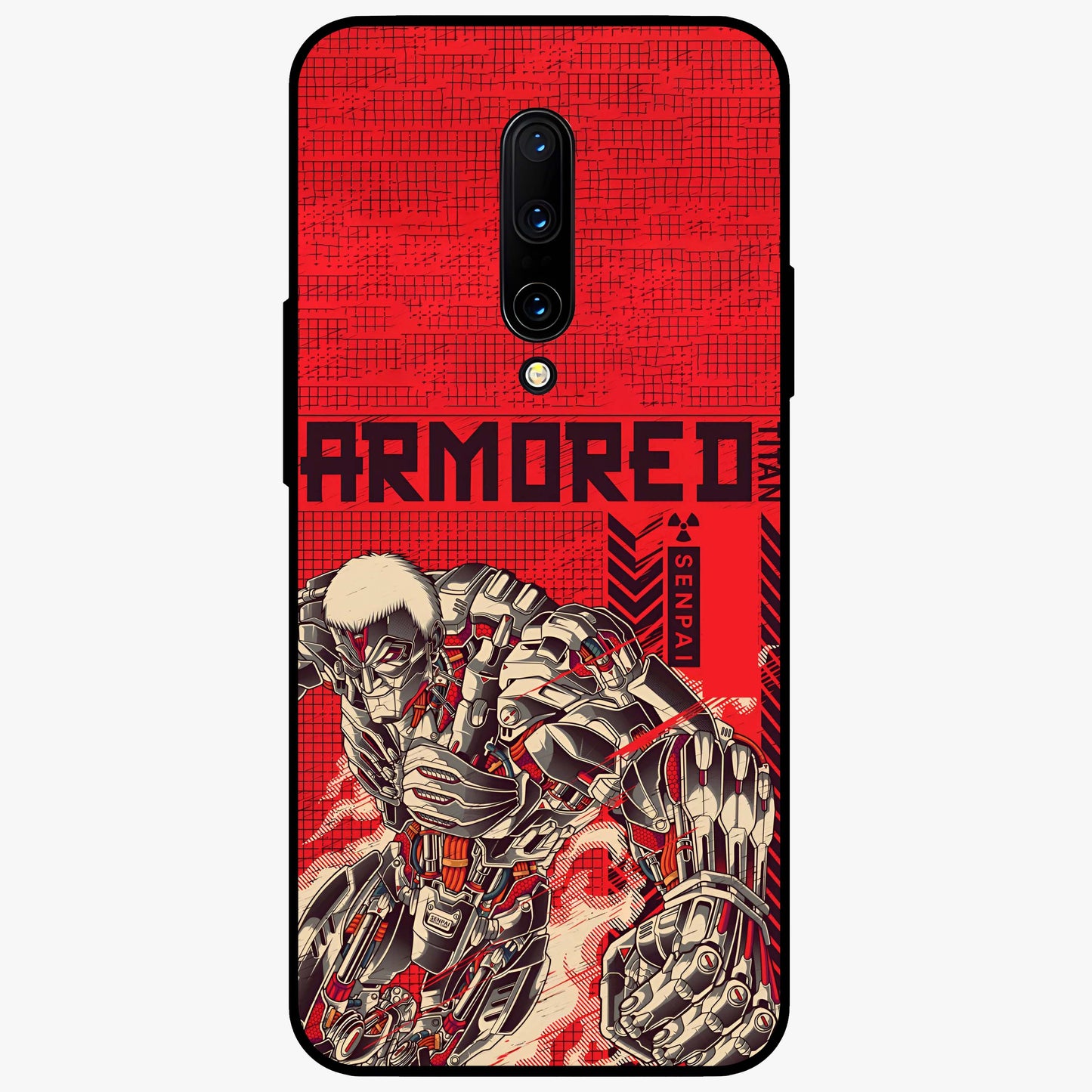 Crimson Mecha Titan Glass Case showing flat back view with powerful mech titan artwork and glossy glass finish.