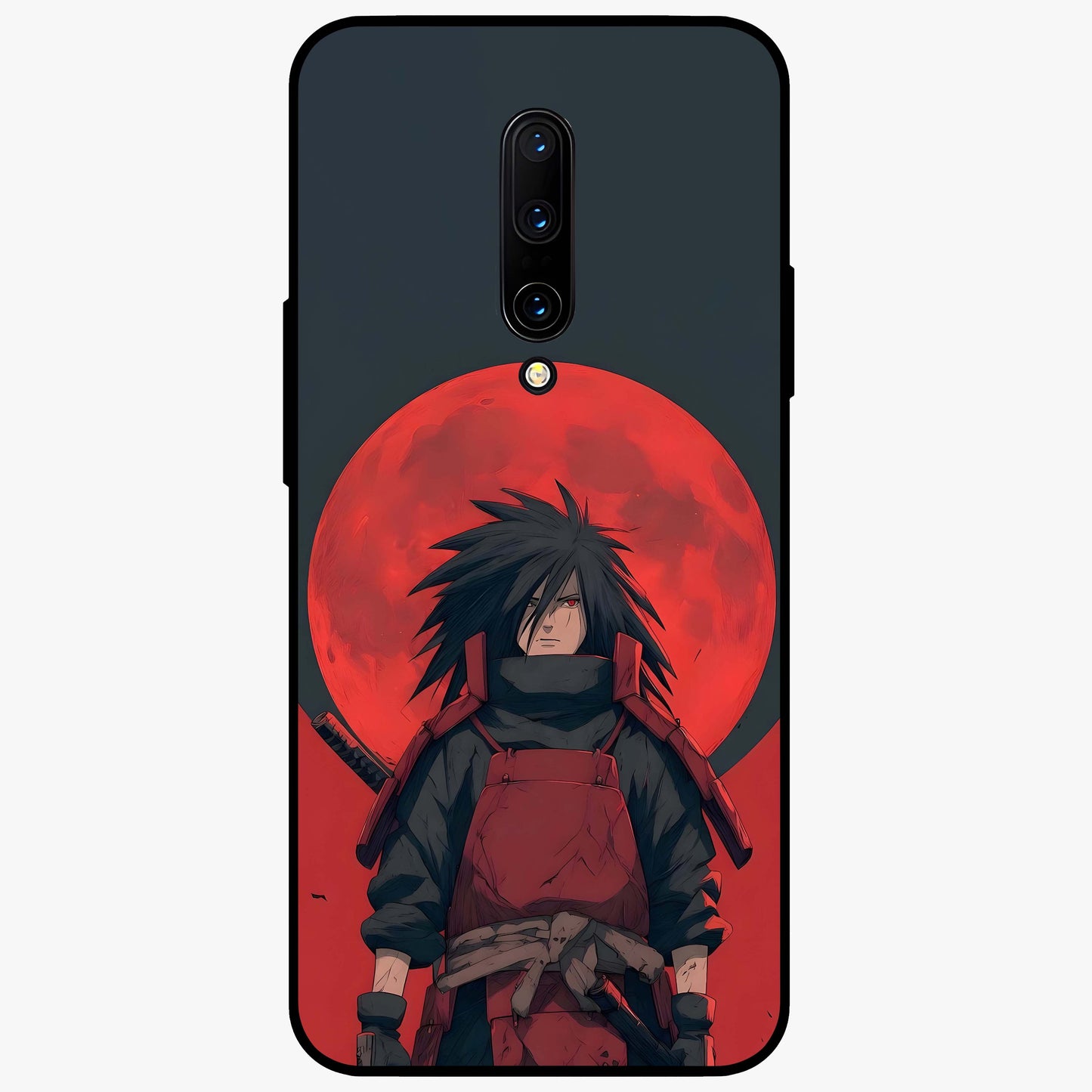 Crimson Moon Warlord Glass Case showing flat back view with mystical moon warrior artwork and glossy glass finish.