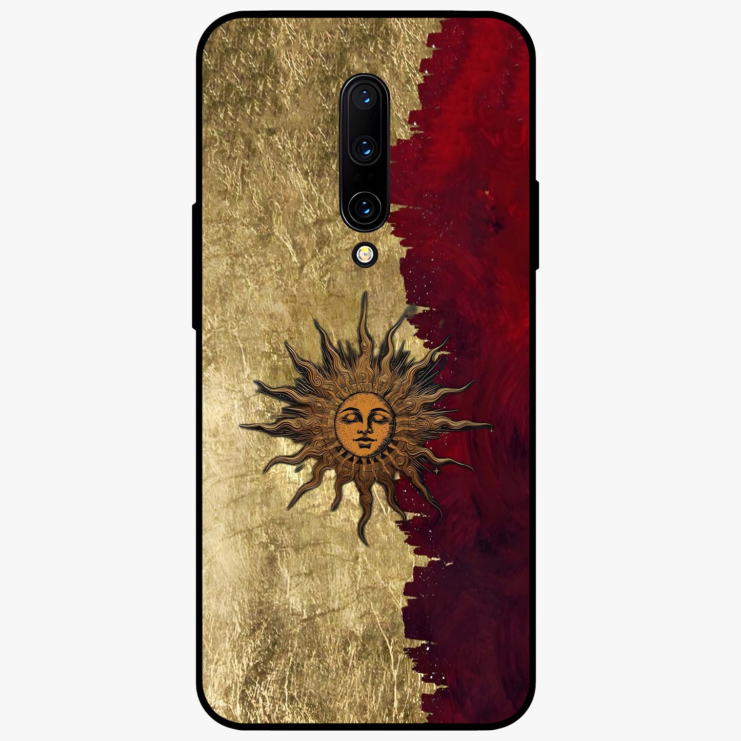 Crimson Sun Majesty Glass Case showing flat back view with radiant sun inspired artwork and glossy glass finish.