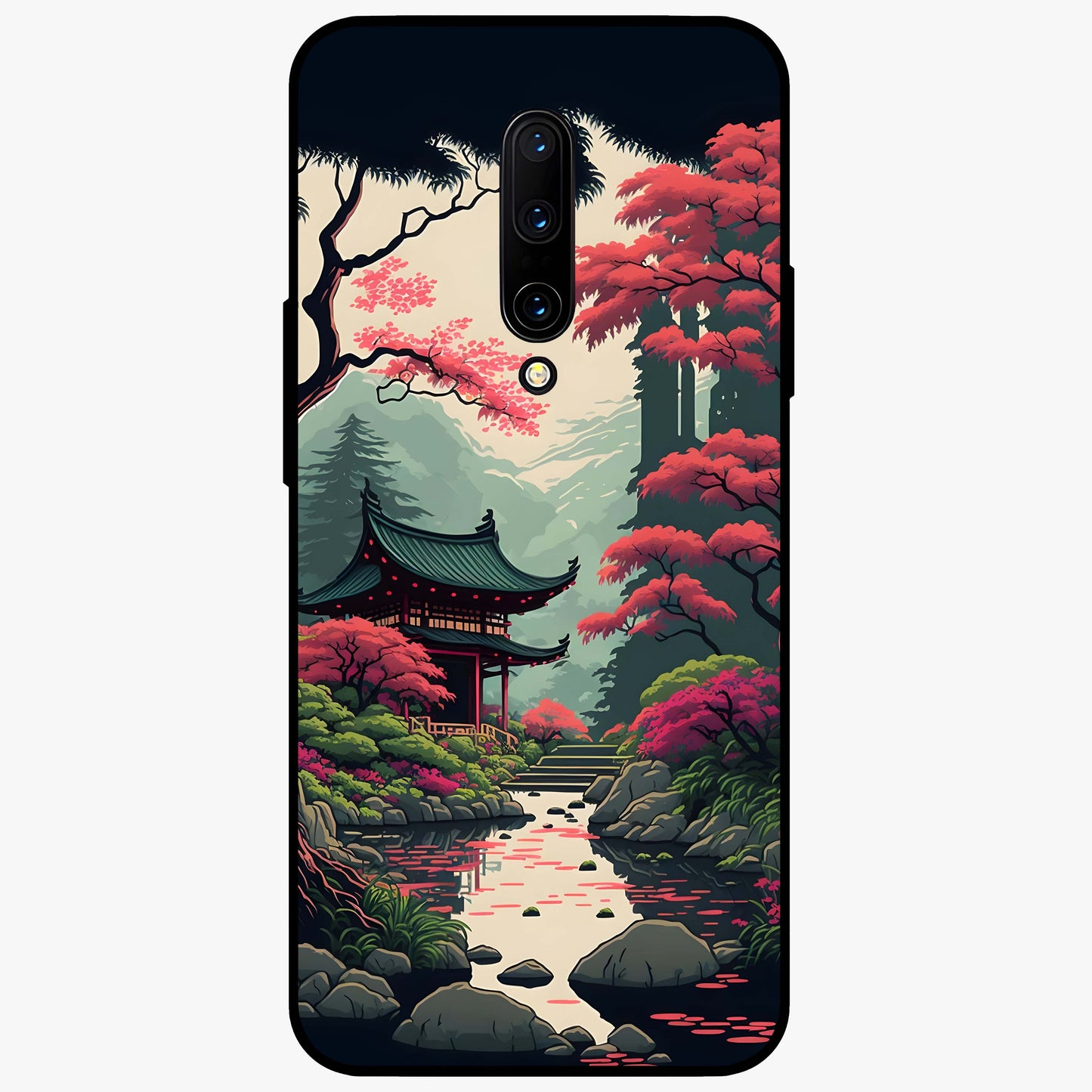Crimson Temple View Glass Case showing flat back view with temple inspired artwork and glossy glass finish.