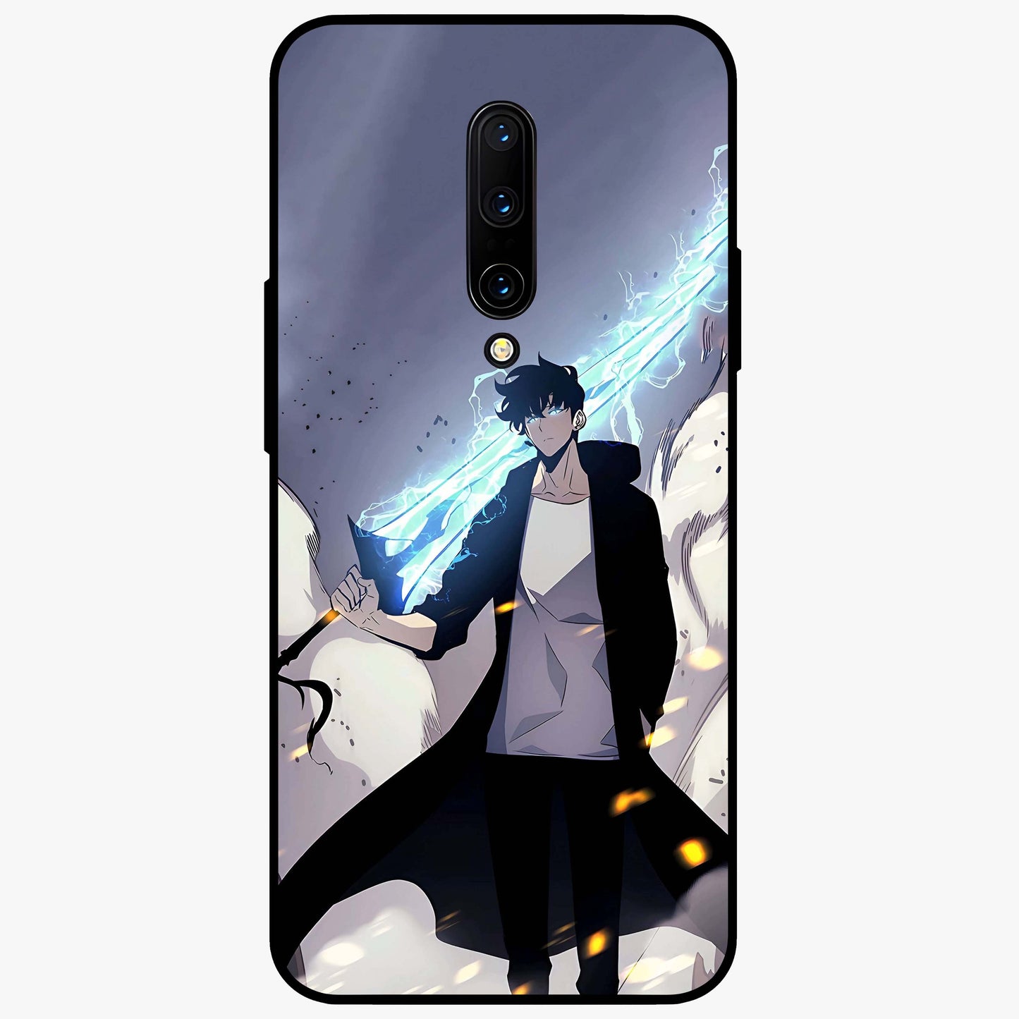 Dark Lightning Anime Warrior Glass Case showing flat back view with intense anime warrior artwork and glossy glass finish.