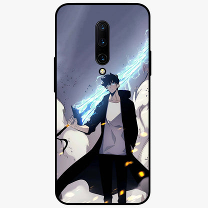 Dark Lightning Anime Warrior Glass Case showing flat back view with intense anime warrior artwork and glossy glass finish.