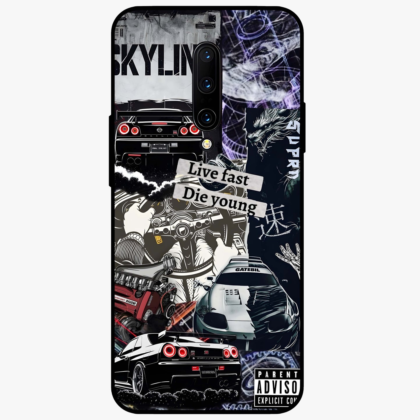 Die Young Glass Case showing flat back view with bold artistic typography design and glossy glass finish.