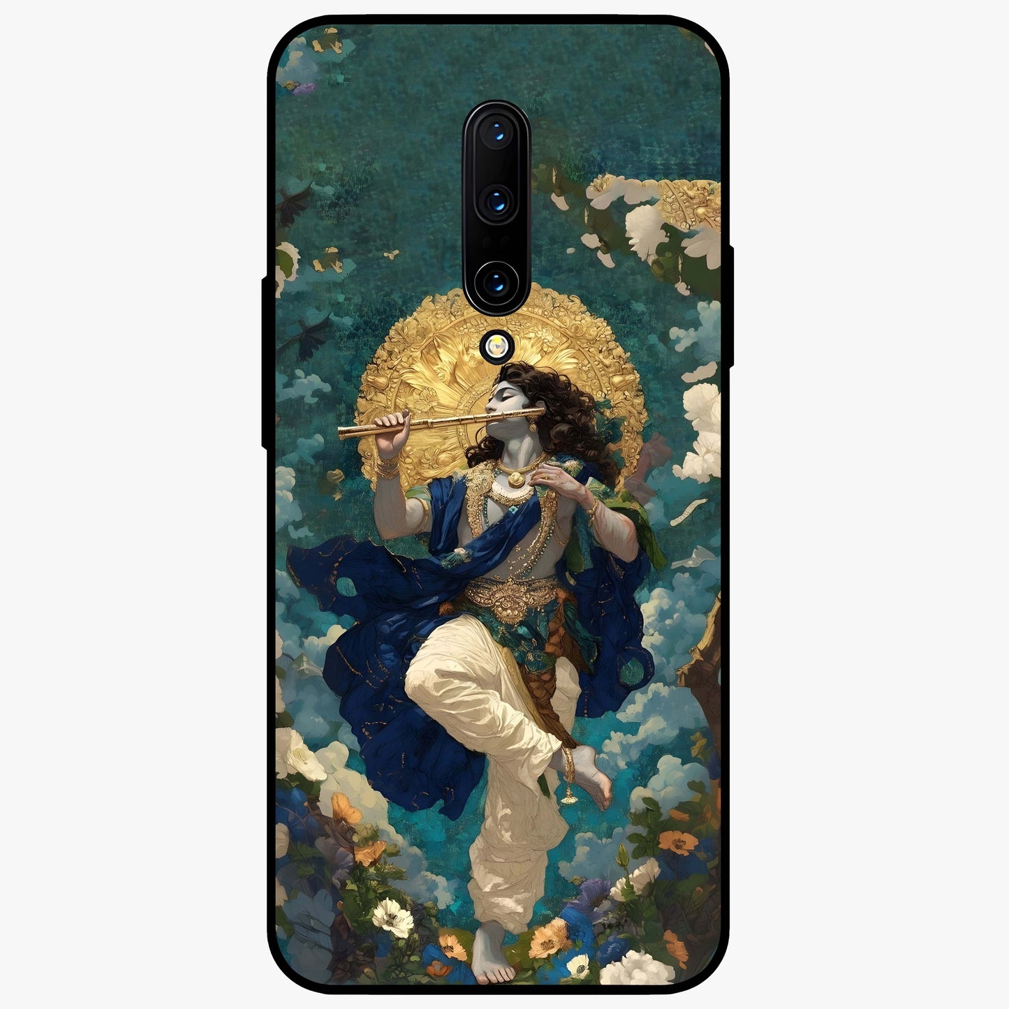 Divine Krishna Art Glass Case showing flat back view with Lord Krishna artwork and glossy glass finish.
