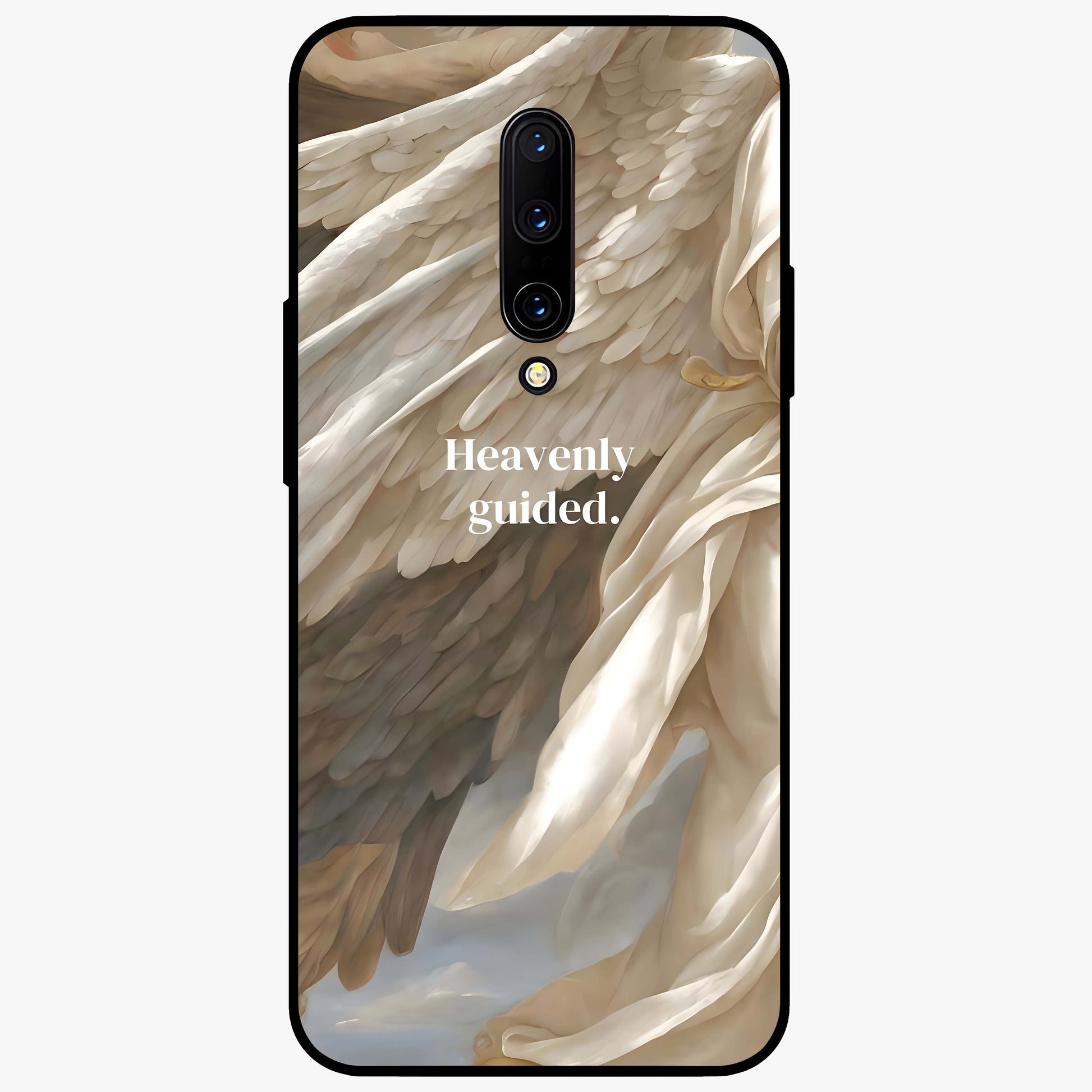 Divine Winged Grace Glass Case showing flat back view with elegant wing inspired artwork and glossy glass finish.