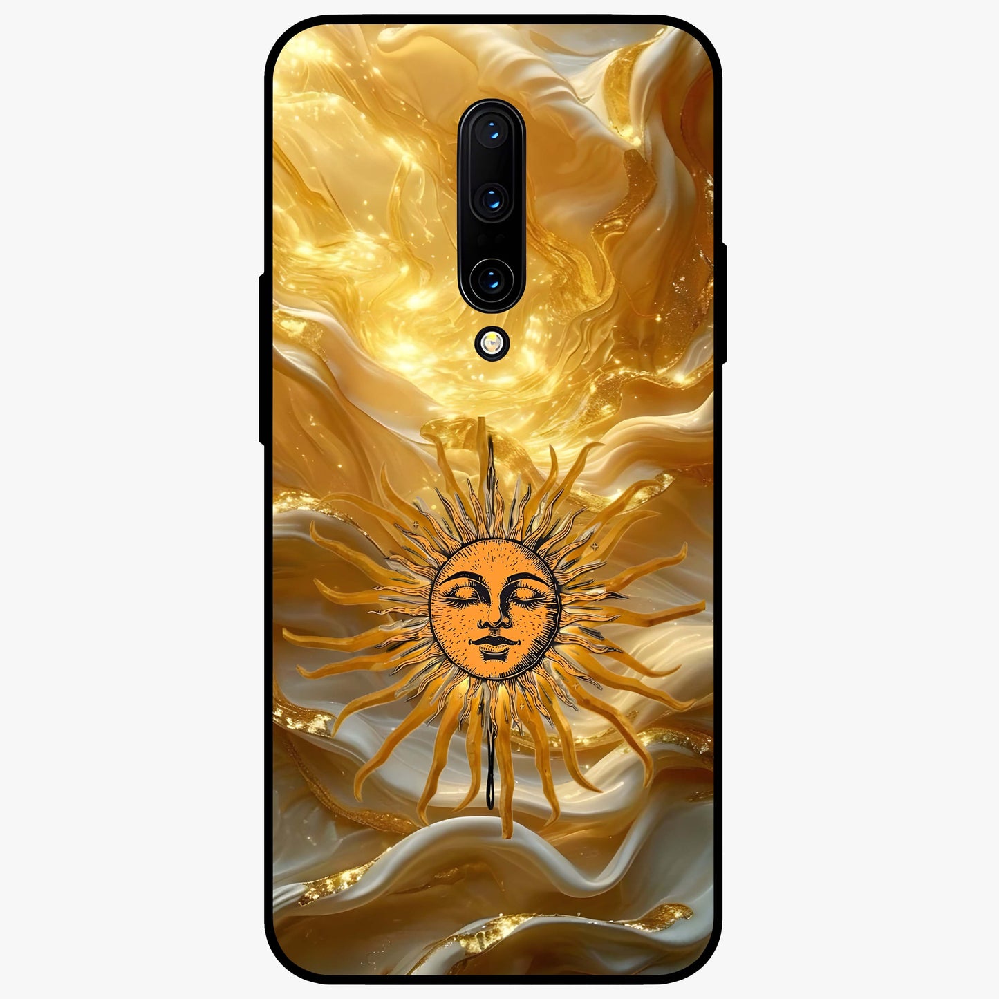 Eternal Golden Glow Glass Case showing flat back view with radiant golden themed artwork and glossy glass finish.